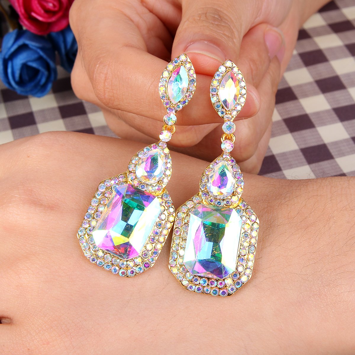 BriLove Women's Wedding Bridal Dangle Earrings Emerald Cut Crystal Infinity Figure 8 Chandelier Jewelry Iridescent AB Gold-Toned