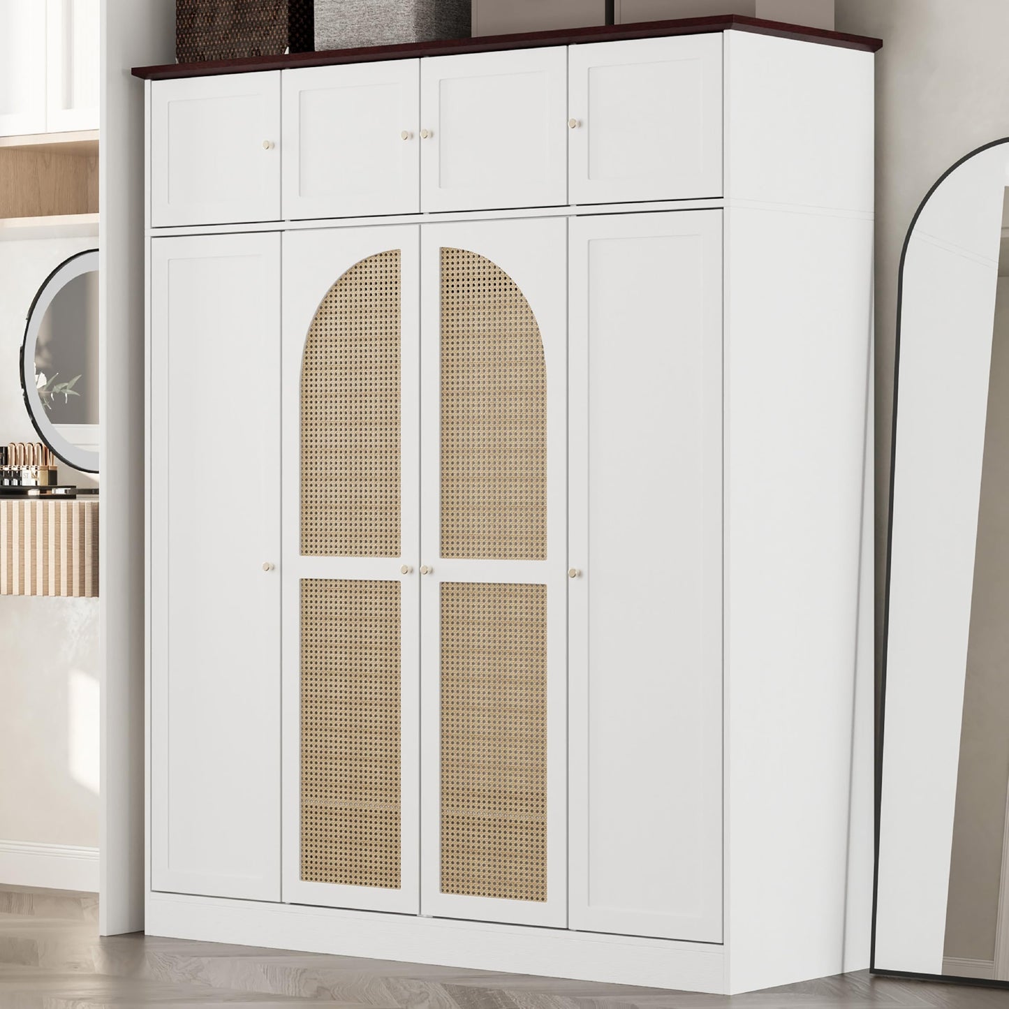 KEIKI Large 8 Doors Wood Wardrobe, Bedroom Tall Armoire Closet Organizer w/Rattan Decorative, Hanging Rails & Adjustable Shelves Clothes Storage Cabinet for Garage & Laundry Room, White