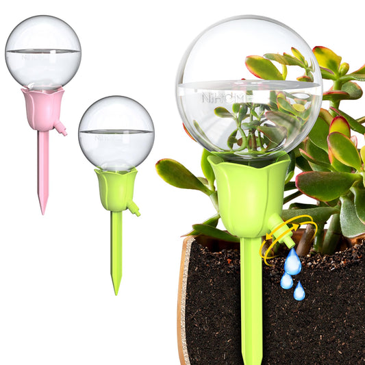 NiHome 2PCS Self-Watering Globes for Indoor & Outdoor Plants, Adjustable Flow Automatic Drip Irrigation Bulbs w/Tulip Stakes for Potted Plants, Succulents, Hanging Baskets, Gardens (Pink + Green)