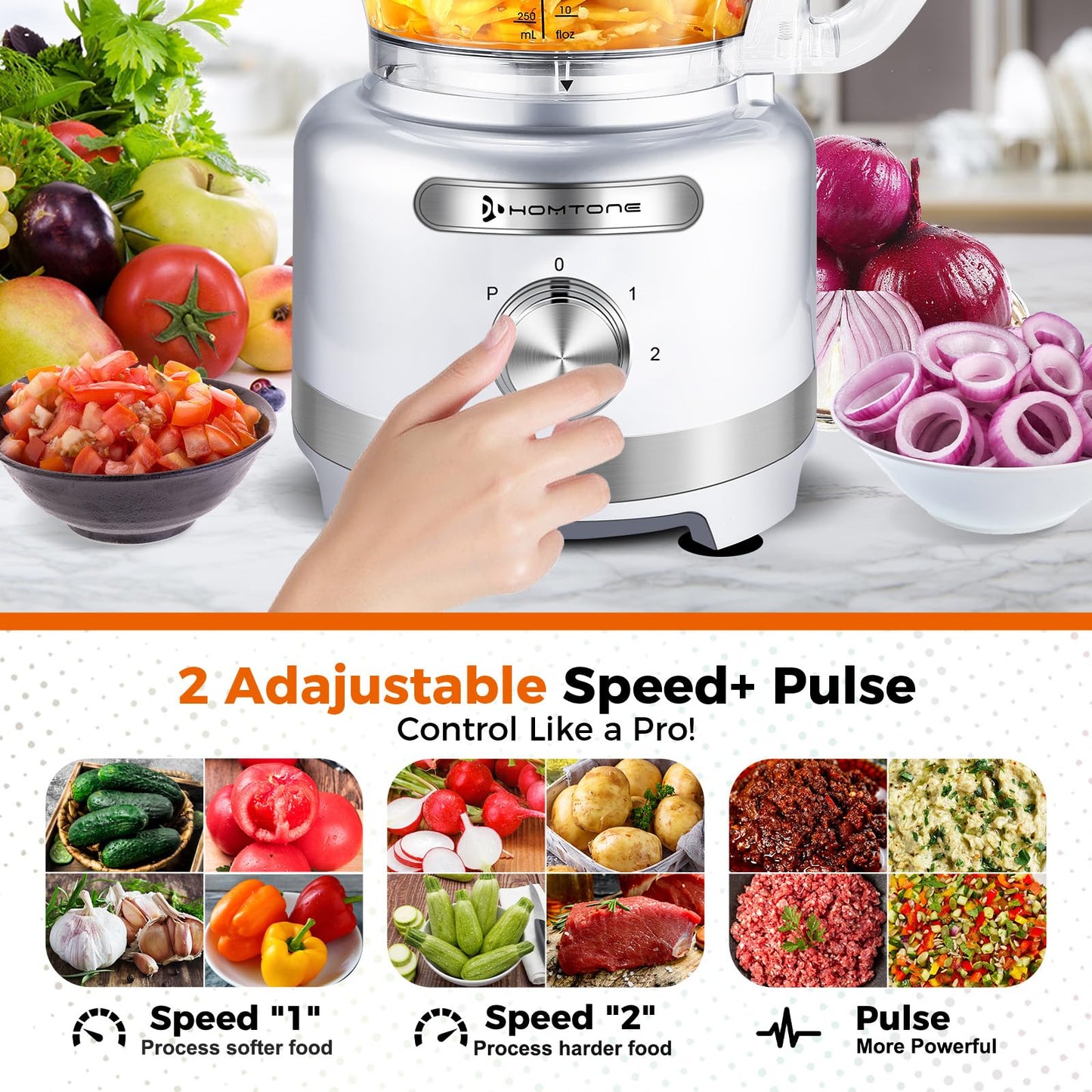 Homtone 16 Cup Food Processor, 9 Functions 7 Blades 3 Speeds for Shredding, Slicing, Doughing, Emulsfying and Meat Vegetable Chopping for Home Use, 600W (Sliver)