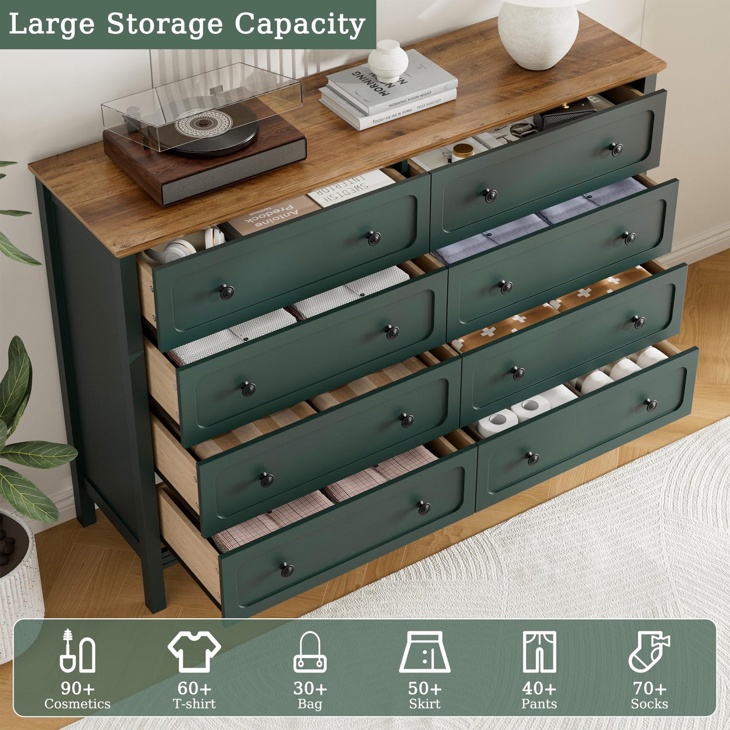 Tradare Green Dresser for Bedroom, 8 Drawer Dresser with Metal Handles, 55" Wide Modern Dressers & Chest of Drawers for Living Room, Hallway, Entryway