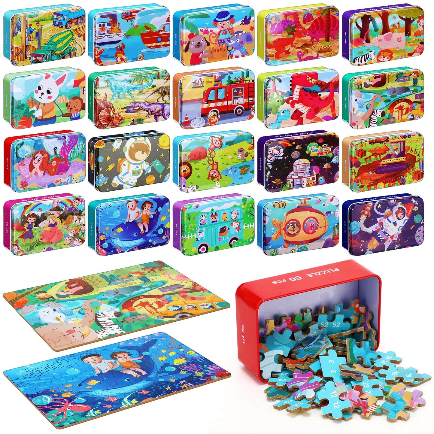 Silipull 20 Boxes Party Favors Jigsaw Puzzles in a Metal Box for Age of 4-8, Wooden Puzzle for Ages 4-8 Boys and Girls Learning Educational Puzzles Toys, 20 Styles