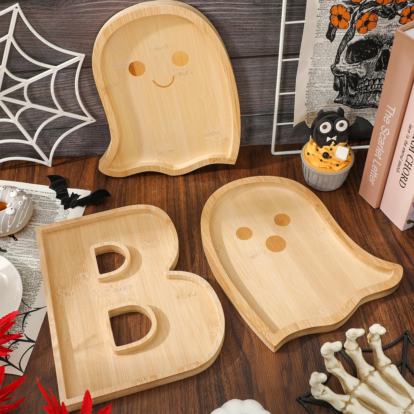 JarThenaAMCS 3 Pcs Halloween Charcuterie Board Cute Ghost Boo Wooden Cheese Platter Tray Appetizer Snack Party Serving Platters for Home Party Trick or Treat Supplies