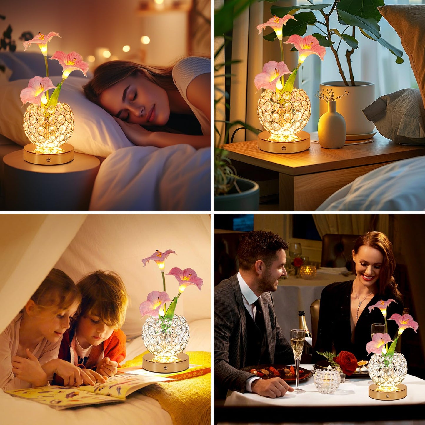 Pink Morning Glory Flowers Table Lamp, Rechargeable Cordless Touch Artificial Flower Crystal Lamp, Kitchen Bedroom Office Decor House Night Light, Birthday Gifts for Women Mom