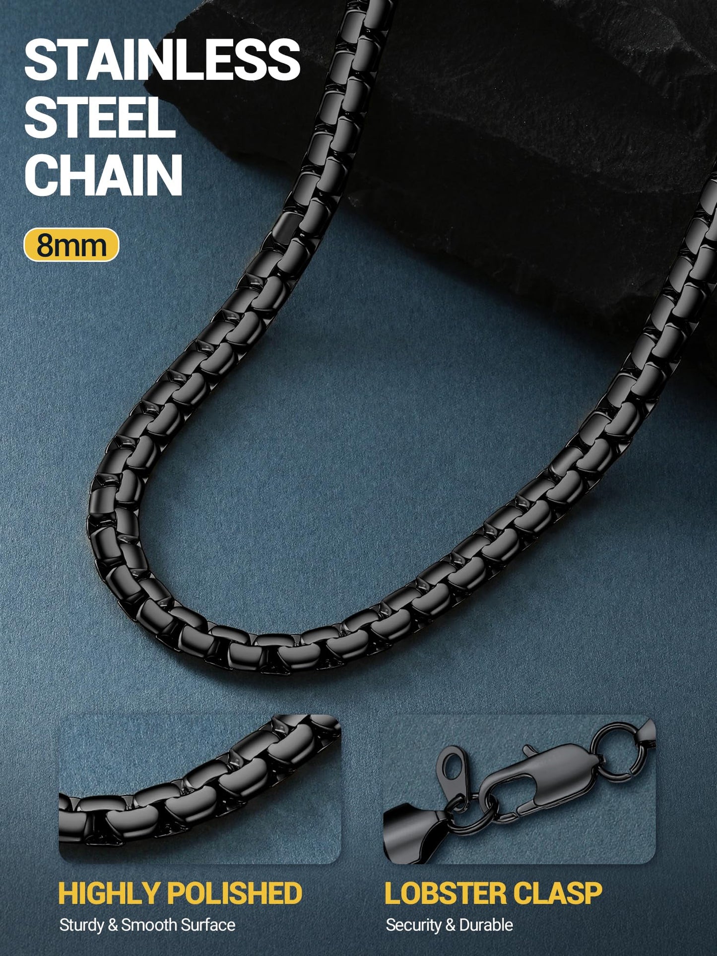 PROSTEEL Black Chain Stainless Steel Necklace Anti-Discoloration 8mm Chunky Flat Box Necklace for Mens Jewelry