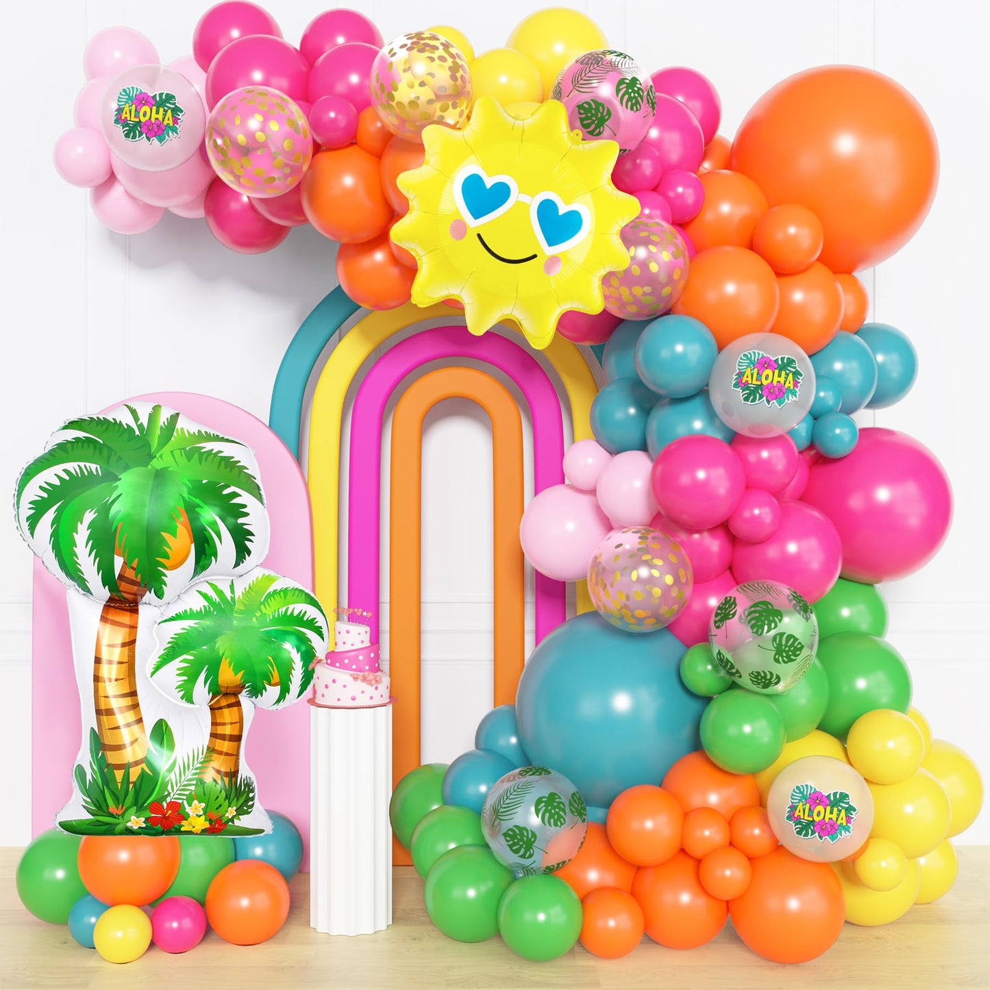 Amandir 165Pcs Summer Aloha Tropical Balloon Arch Garland Kit, Hot Pink Green Orange Blue Yellow Foil Coconut Sun Palm Leaves Neon Rainbow Balloons for Hawaiian Luau Pool Birthday Party Decorations