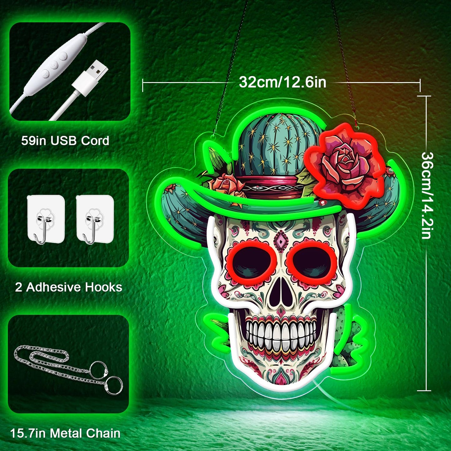 Sneignon Day of the Dead Neon Sign - Mexican Sugar Skull LED Neon Light for Home & Bar Decor,UV Printed Art with Flexible LED Strip,Halloween & Día de Muertos Party Decoration（green)