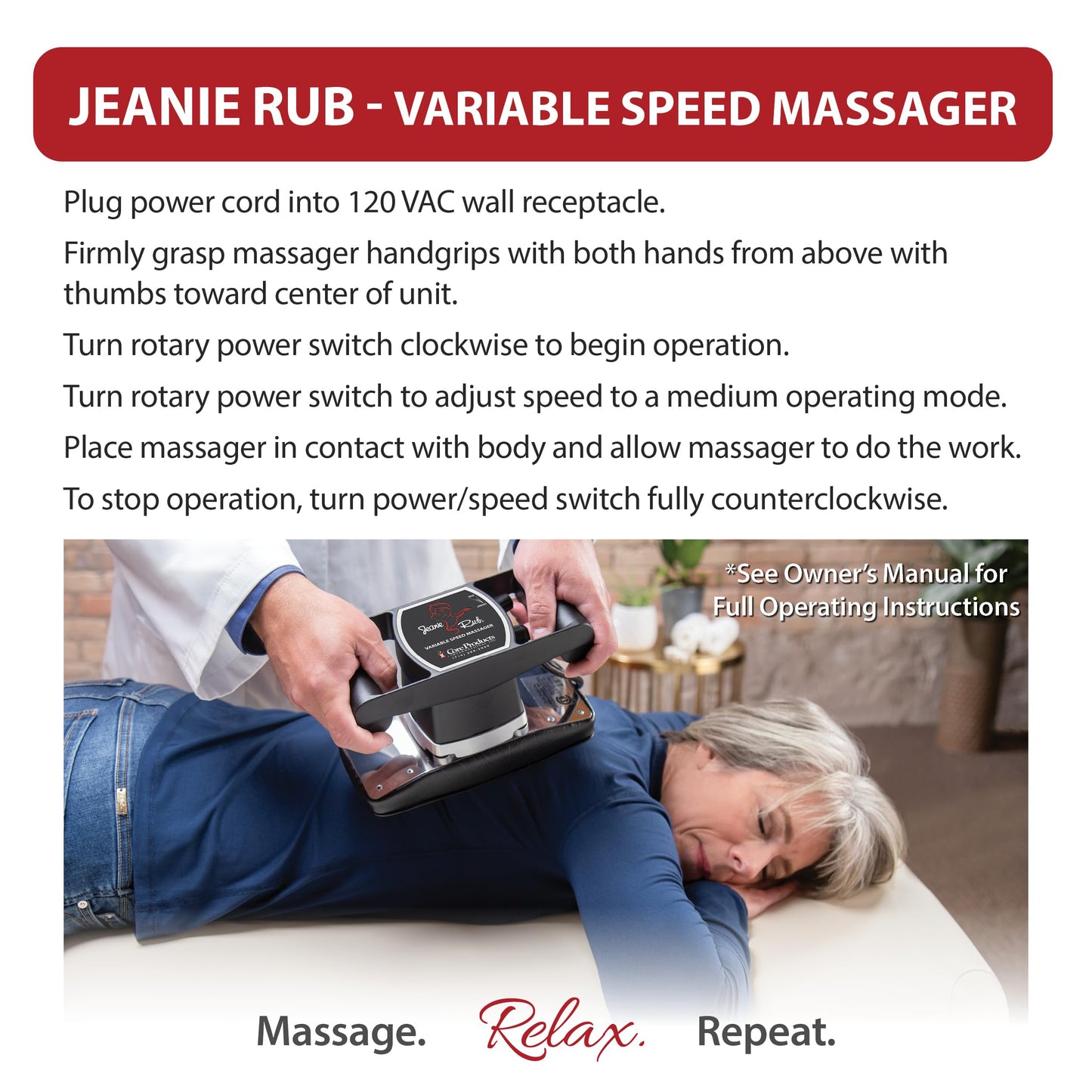 Core Products Jeanie Rub Variable Speed Massager, Deep Tissue Back Massager for Pain Relief, Body Massager for Shoulder Massage, Lumbar, Neck, Lower Back & Cellulite Massage