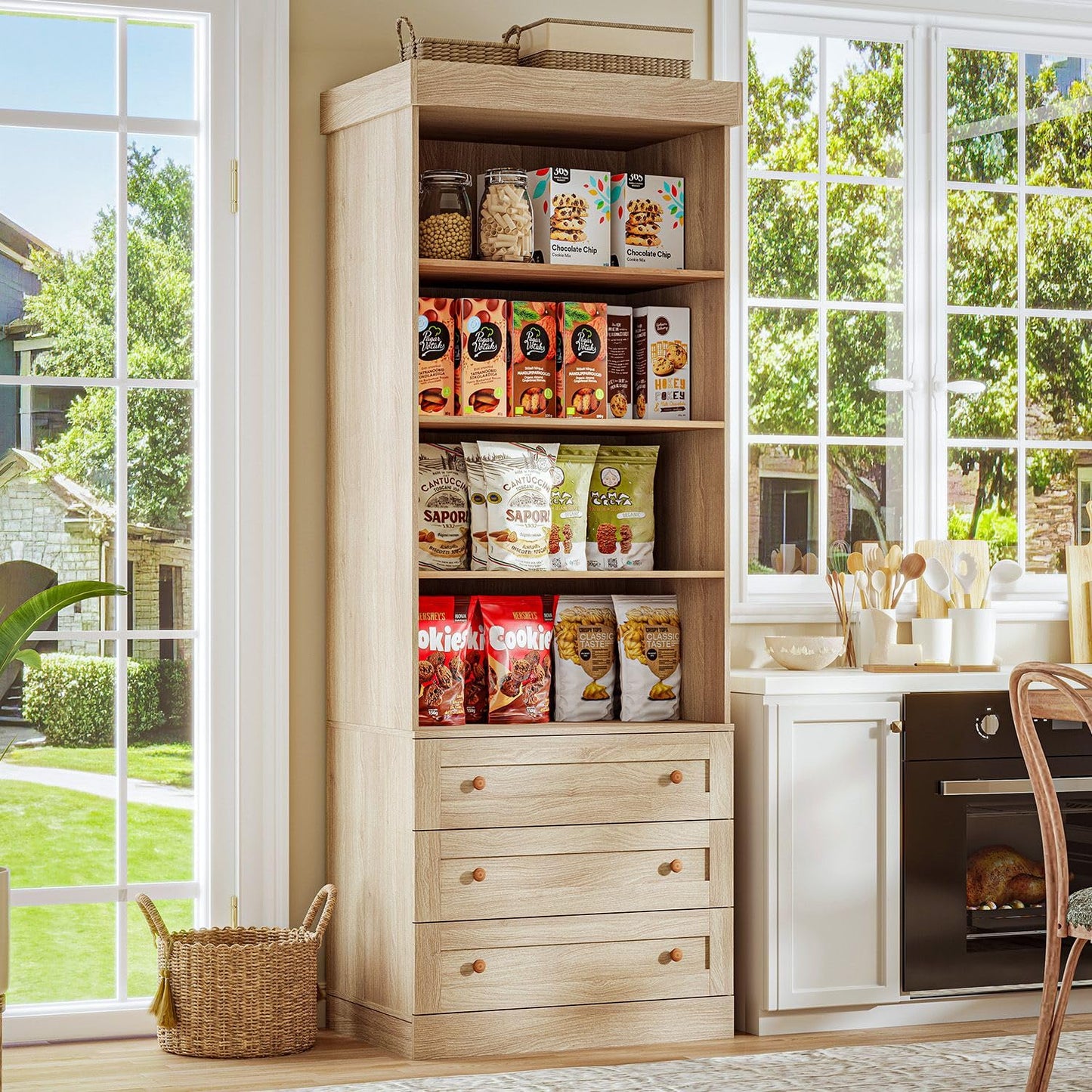 Vyre 71" Tall Farmhouse Kitchen Pantry, Large Storage Cabinets with Glass Doors, Freestanding Wood Hutch Cabinet with 3 Drawers & Adjustable Shelves for Living Room & Dining Room, Brown, Set of 3