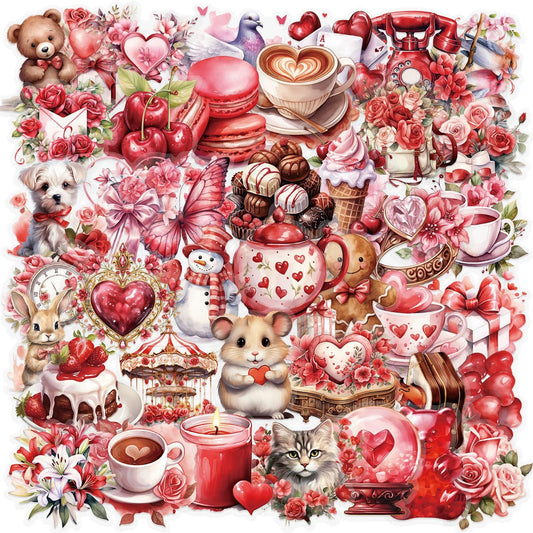50pcs Transparent Love Stickers,Red Vintage Valentine Sticker Waterproof PET Stickers for Scrapbook Journaling Photo Album Collage Card Heart Romantic Sticker for Teens and Adults (red)