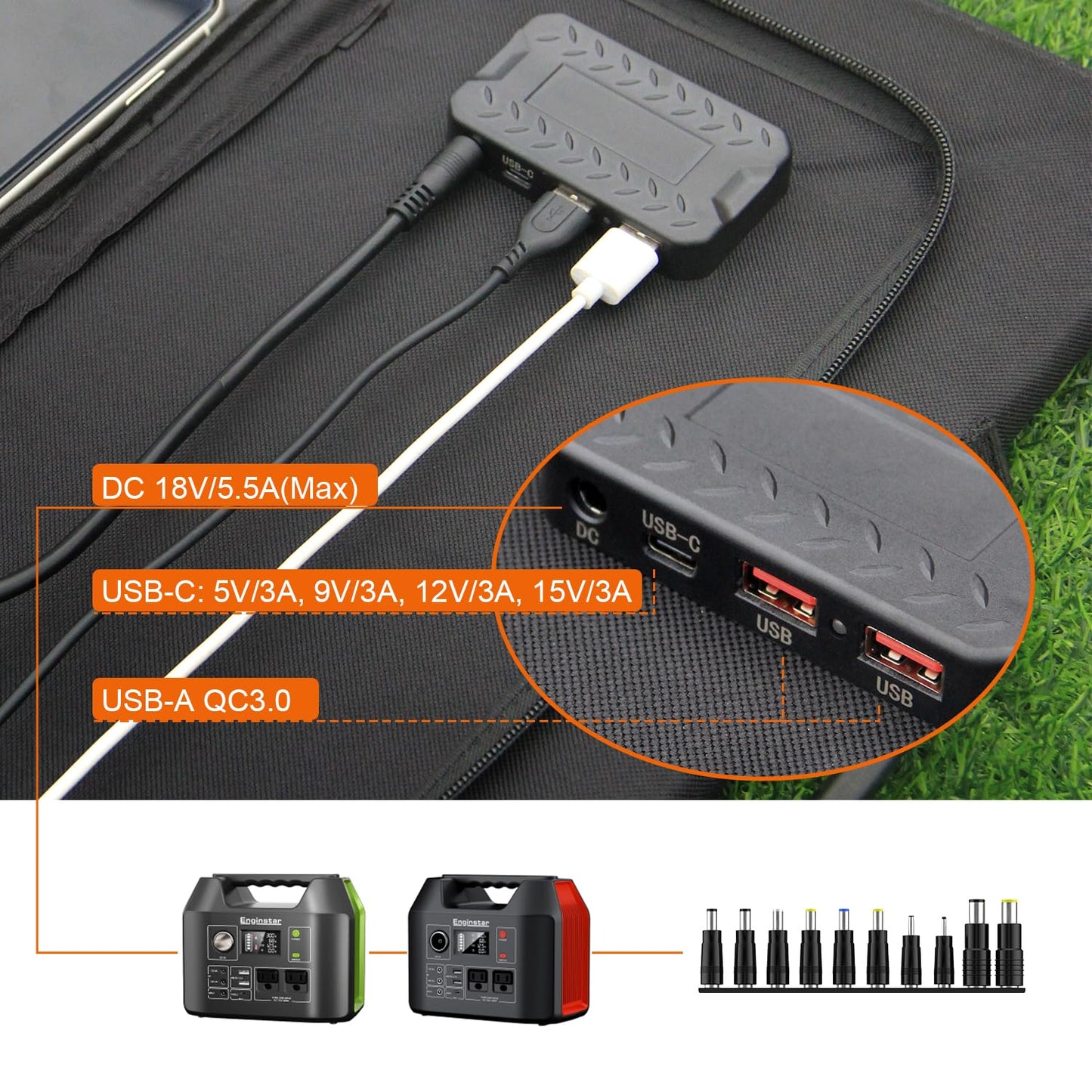 EnginStar 100W Foldable Solar Panel w/ 18V DC Outlet for Portable Power Stations EnginStar/Jackery/Rockpals/Flashfish, Portable Solar Generator with USB-A USB-C QC 3.0 for Outdoor Camping Van RV Trip