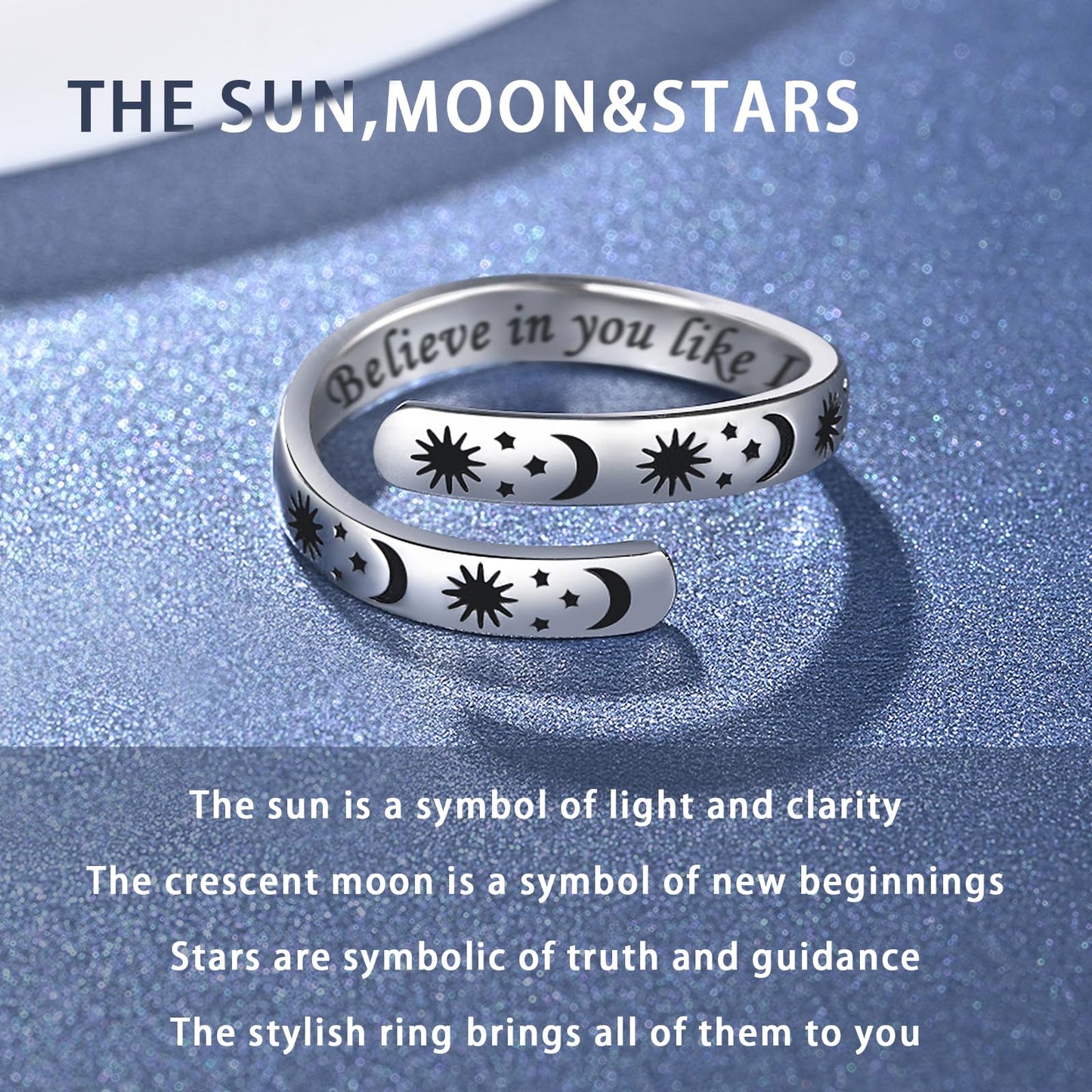 925 Sterling Silver Inspirational Jewelry Adjustable Wrap Open Ring Encouragement Gift for Women (Sun & Moon - Believe in you like I do)