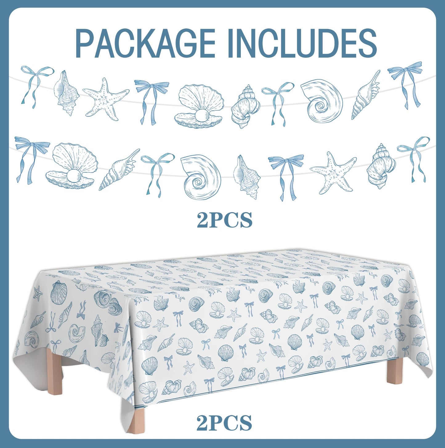 Hokinaa Beach Ocean Party Decorations - 4 Pcs Seashell Coastal Summer Decor Banner Tablecloth Blue Bow Under the Sea Supplies for Happy Birthday Baby Bridal Shower Wedding Bachelorette Engagement