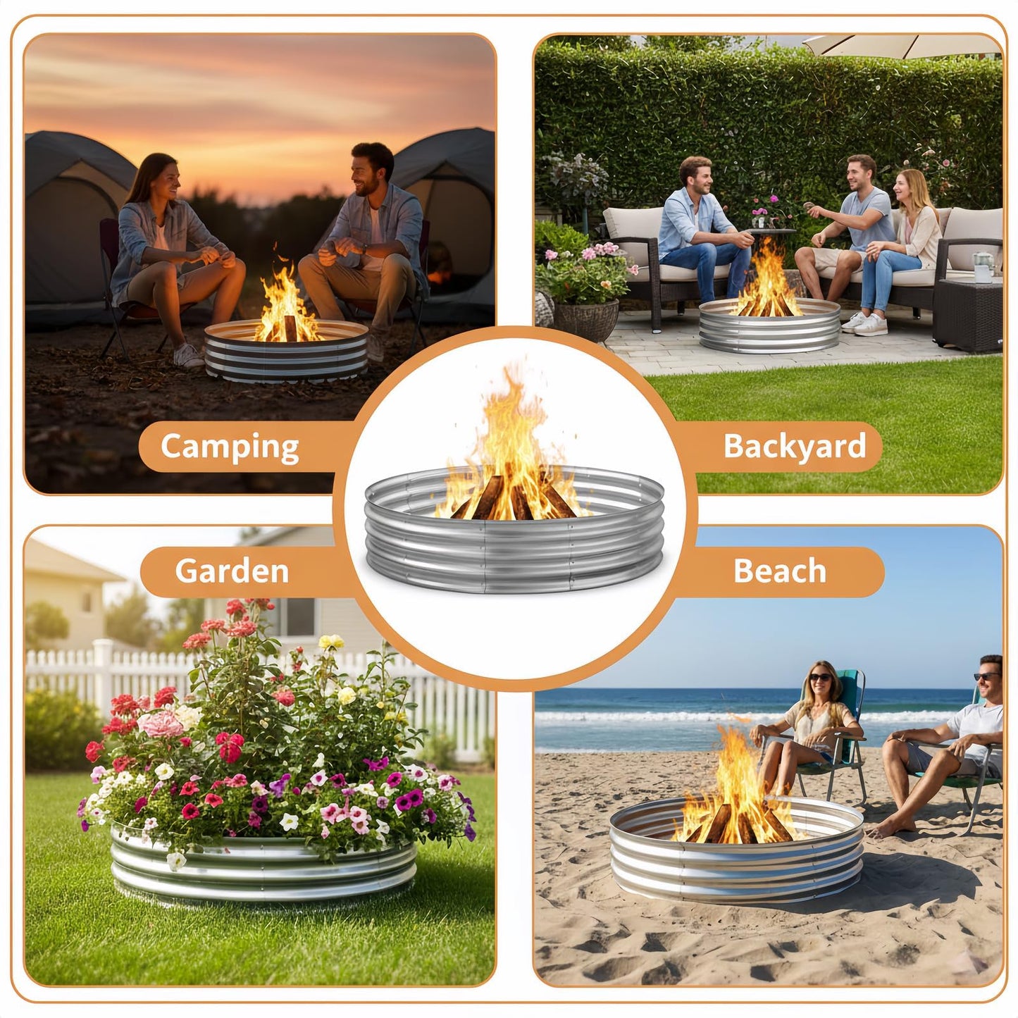 Eclaron 60 Inch Galvanized Steel Fire Pit Ring, 12 Inch Raised Heavy Duty Wood Burning Campfire Ring, Heat Resistant Outdoor Fireplace for Backyard, Patio & Camping