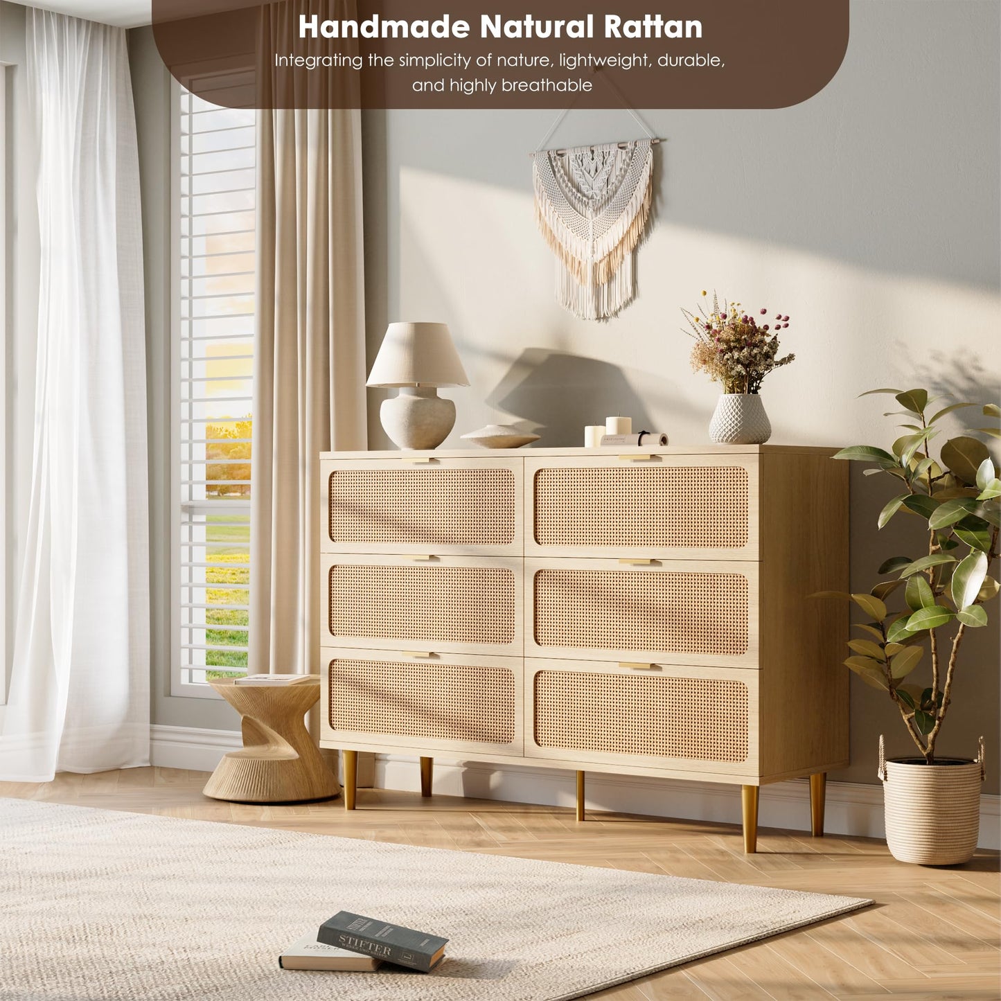 GarveeHome Rattan 6 Drawer Dresser for Bedroom, Large Double Dresser with Deep Drawers, Wooden Chest of Drawers for Closet with Wide Top, for Living Room, Hallway, Kids Room, Natural