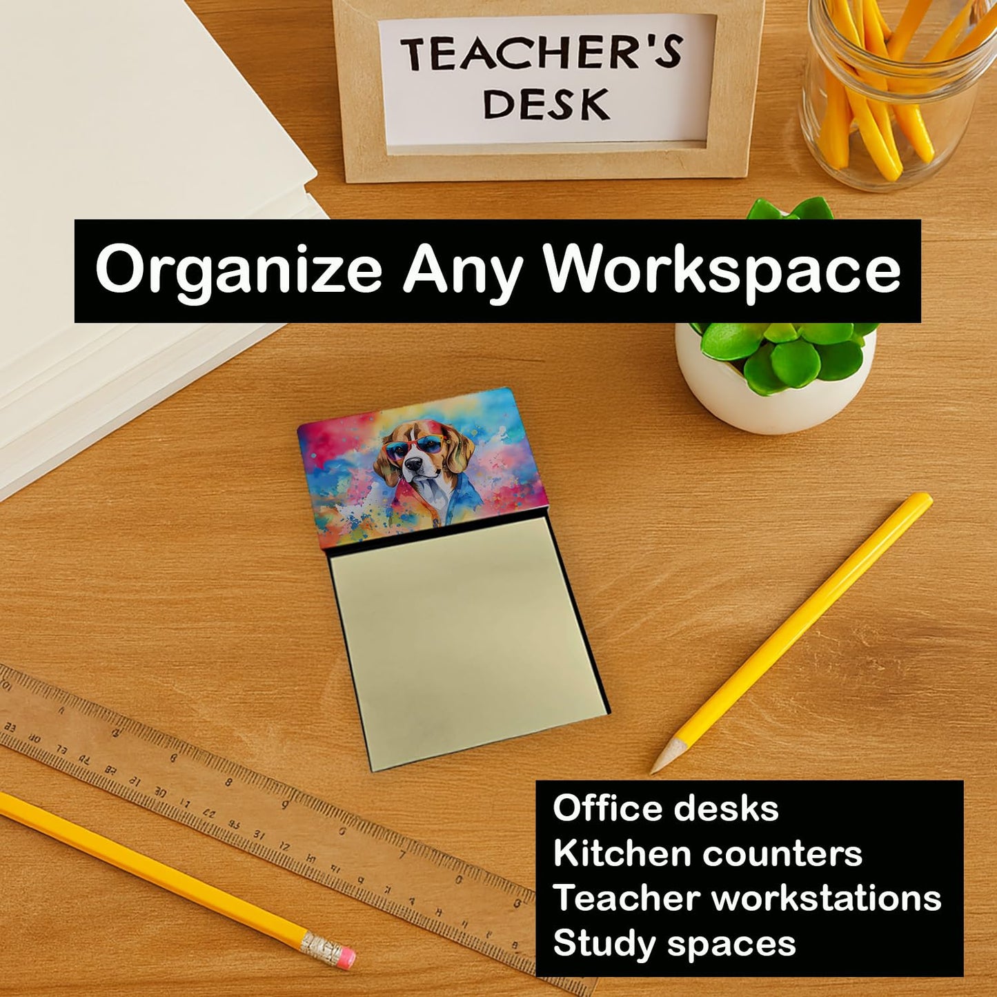 Caroline's Treasures Beagle Hippie Dawg Sticky Note Holder Refillable Dispenser Self-Sticky Note Pads, Memo Pads Blank Desk Accessories