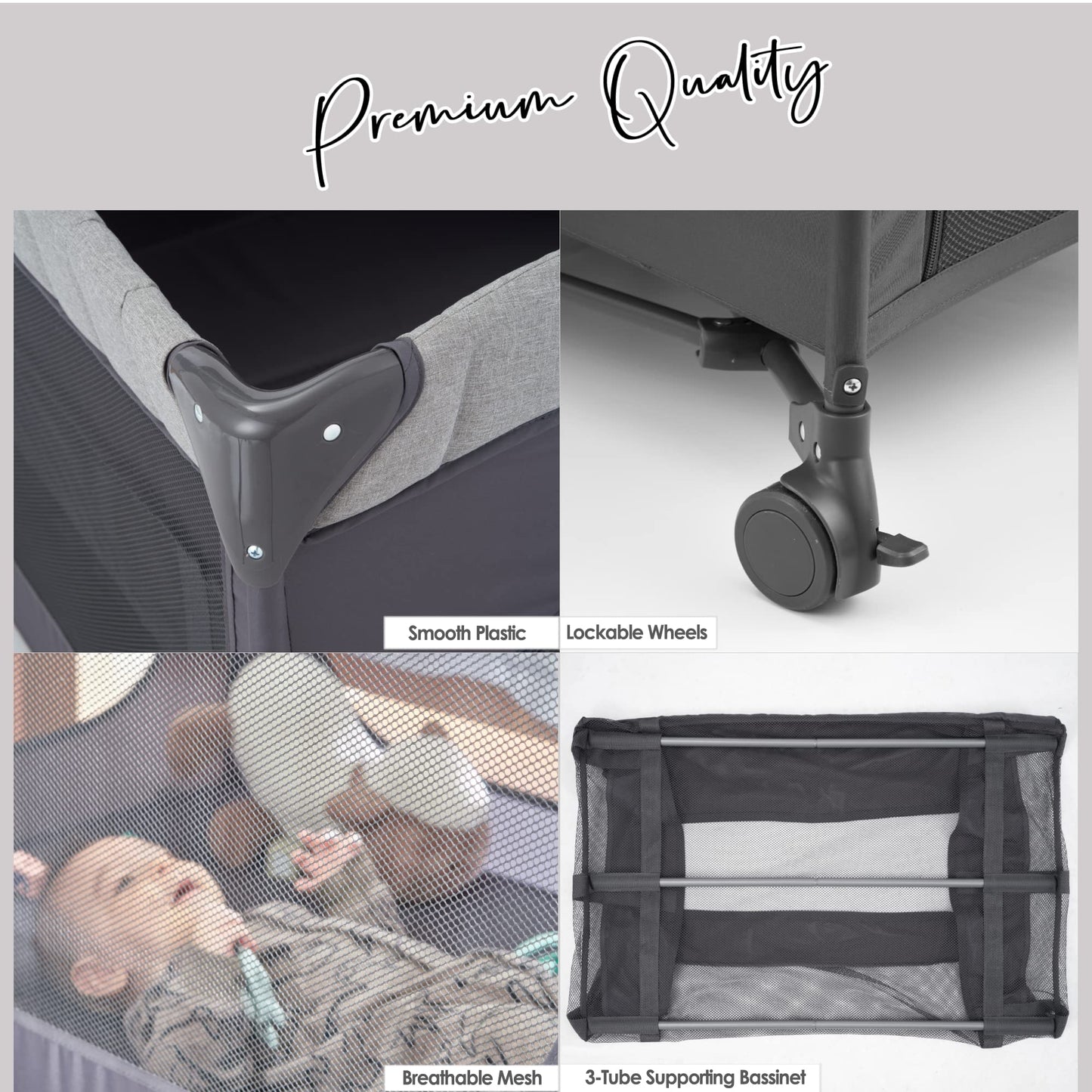 QUTANIX Baby Bedside Bassinet Sleeper,5-in-1 Pack and Play with Full-Size Bassinet,Baby Playard with Changing Table,Storage Shelf,Music Mobile with Soft Toys for Newborn to Toddlers (Grey)