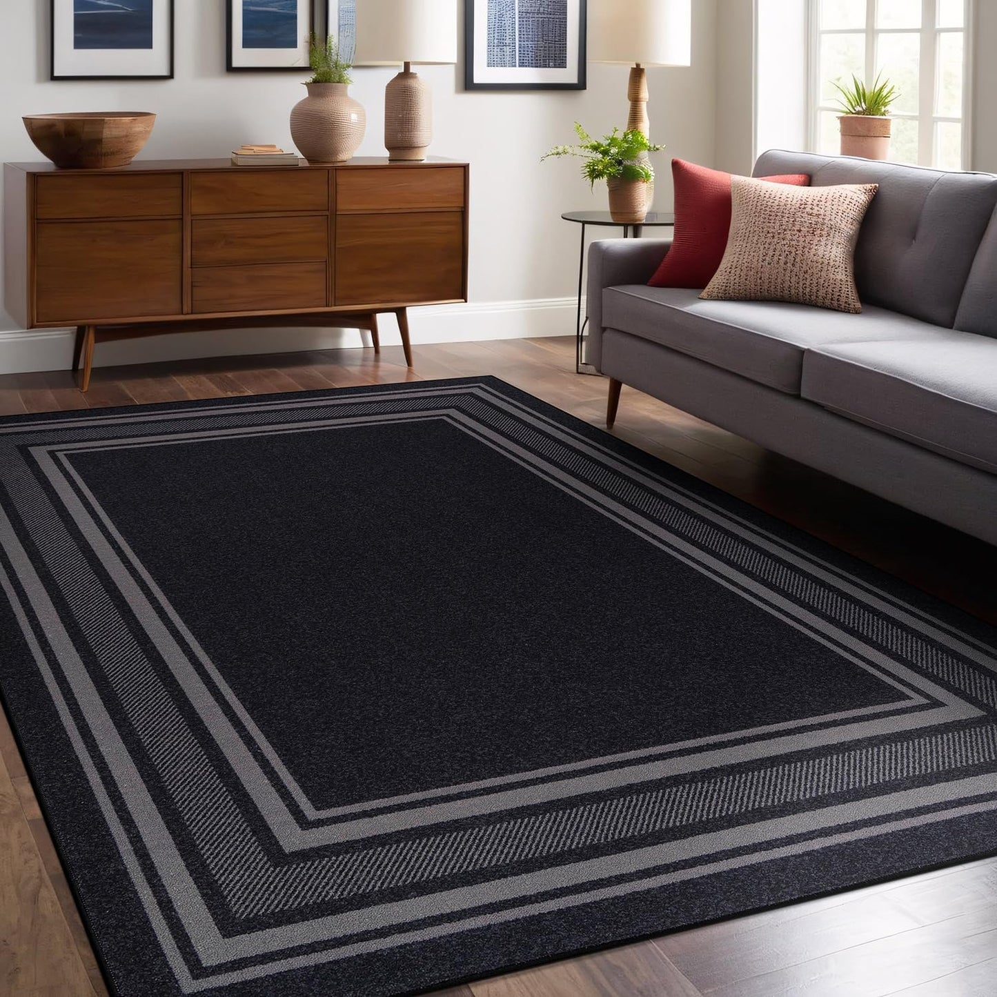 Luul Home Modern Bordered Non Slip Indoor Rugs for Living Room 3x5 Area Rugs for Kitchen, Rug for Bedroom, and Hallway, Stain Resistant Easy Cleaning Non Shedding Black 3 x 5