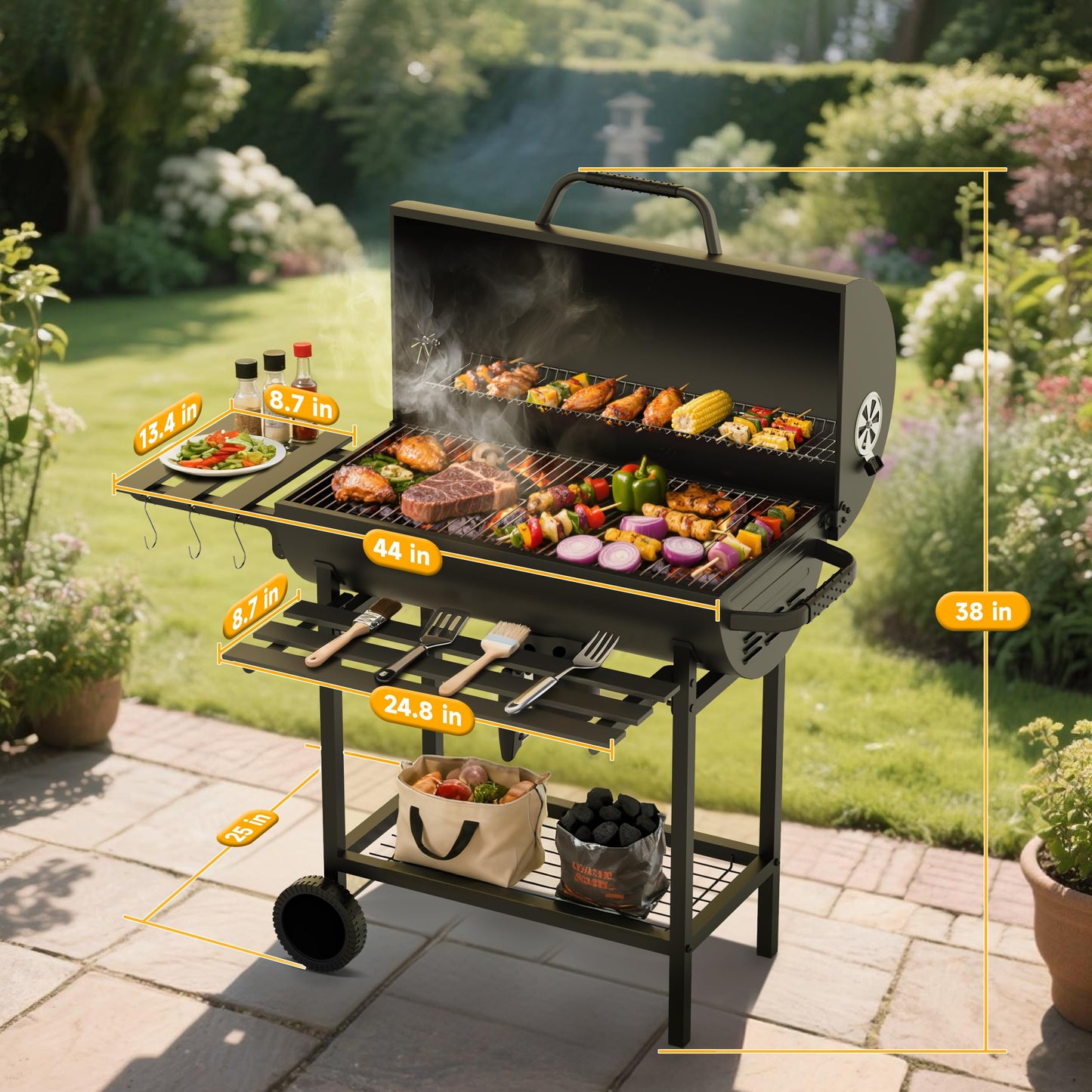 KOBENDA 29" Barrel Charcoal Grill, Spacious Smoker Barrel Barbecue Grill with Side Front Table, Outdoor Barbecue Grills for Backyard, Camping, and Picnics, Black