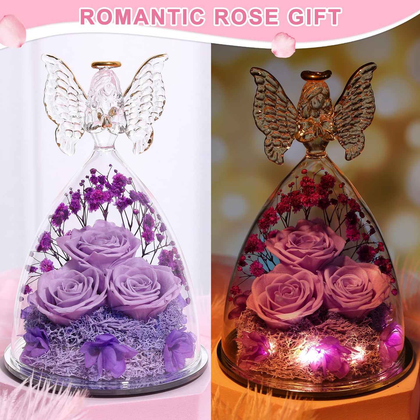 Tiaronics Mothers Day Mom Gifts for Women Preserved Flowers in Glass Angel Forever Flowers Gifts Eternal Roses Gifts for Grandma, Light Purple