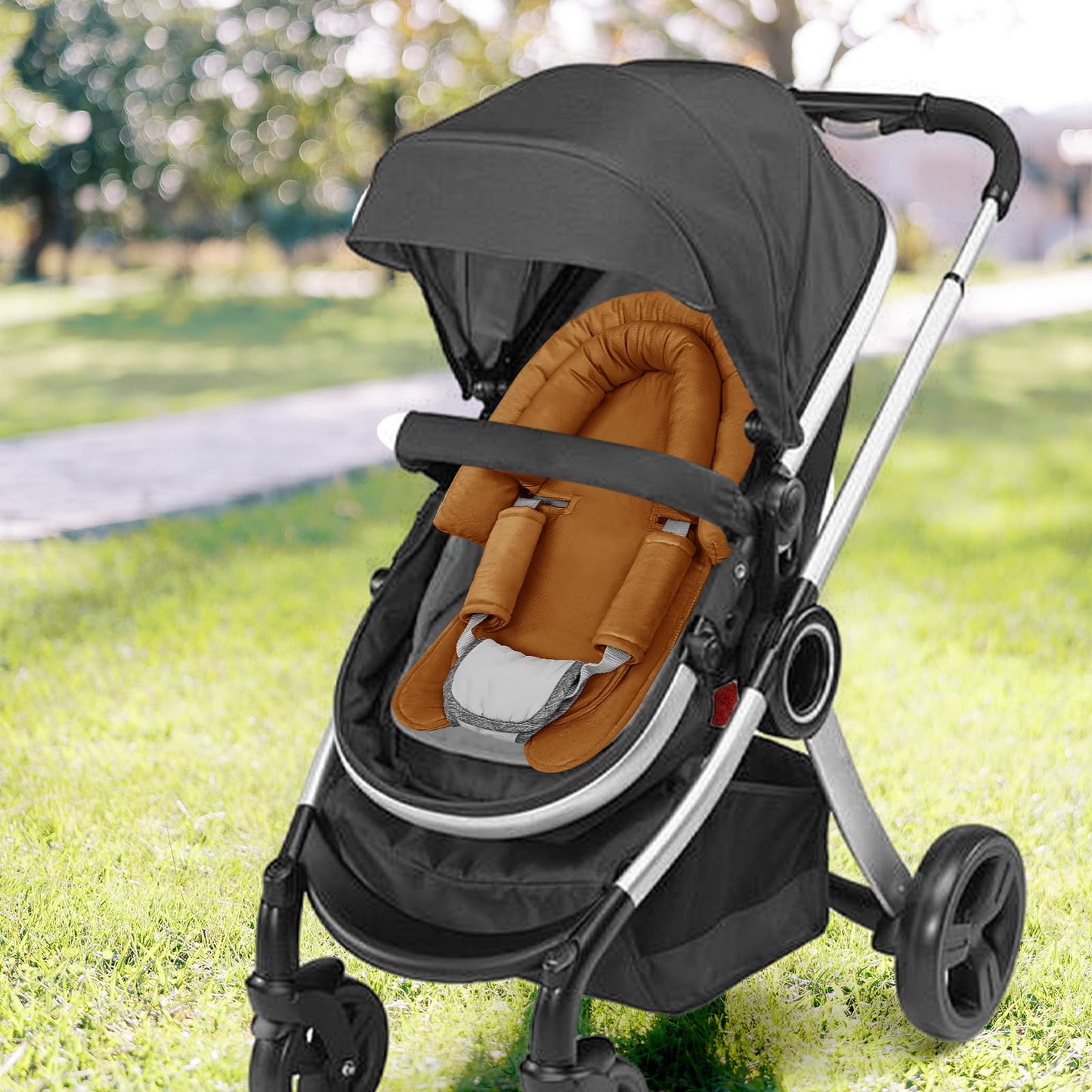 SWESEN Infant Car Seat Insert & Strap Covers, Car Seat Head Support for Baby Girls, 2 in 1 Breathable Air Mesh Car Seat Insert for Newborns, Double-Sided Reversible, for Infants Aged 0-12 (Brown)
