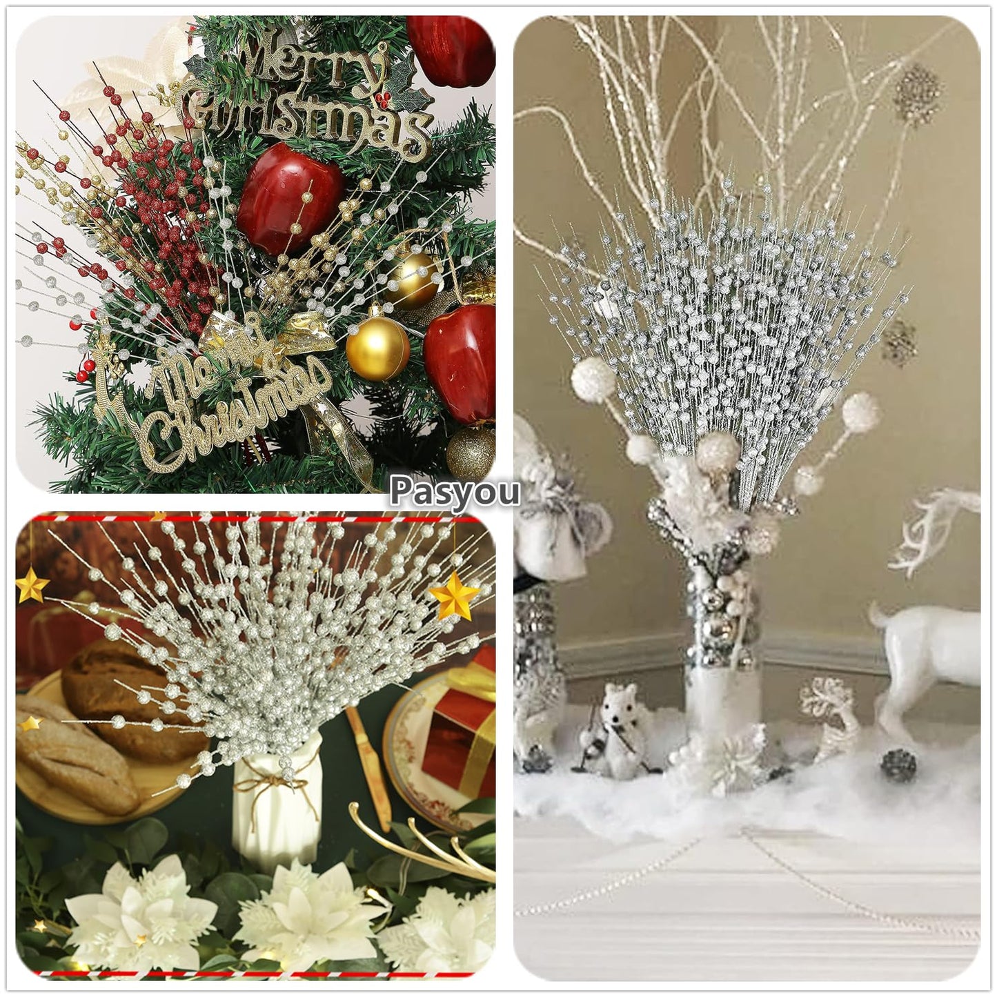 Artificial Glitter Berry Stems Silvery Decorations 17 Inch, Fake Berries Bead Sticks Pick for Halloween Christmas Ornaments Glittery Berries Xmas Tree Wreath Vase Filler Home Decor - Silver 10 Pack