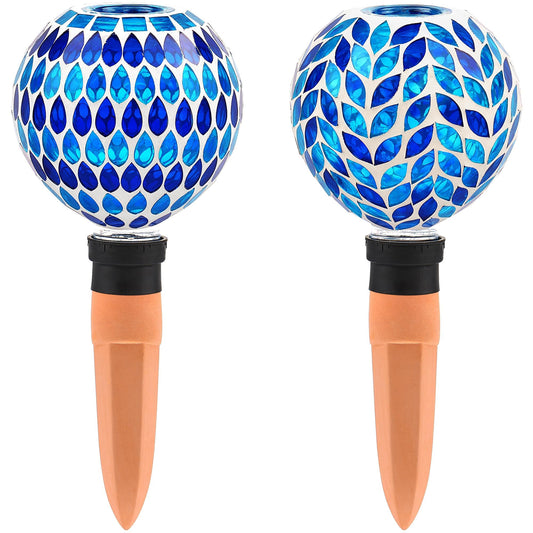 VOREEN Blue Mosaic Self Watering Globes 2 Pack, 500ml Handmade Glass Terracotta Plant Spikes, Automatic Self Watering Devices for Indoor Outdoor Pots, Decorative Water Saver Gift for Garden Lovers