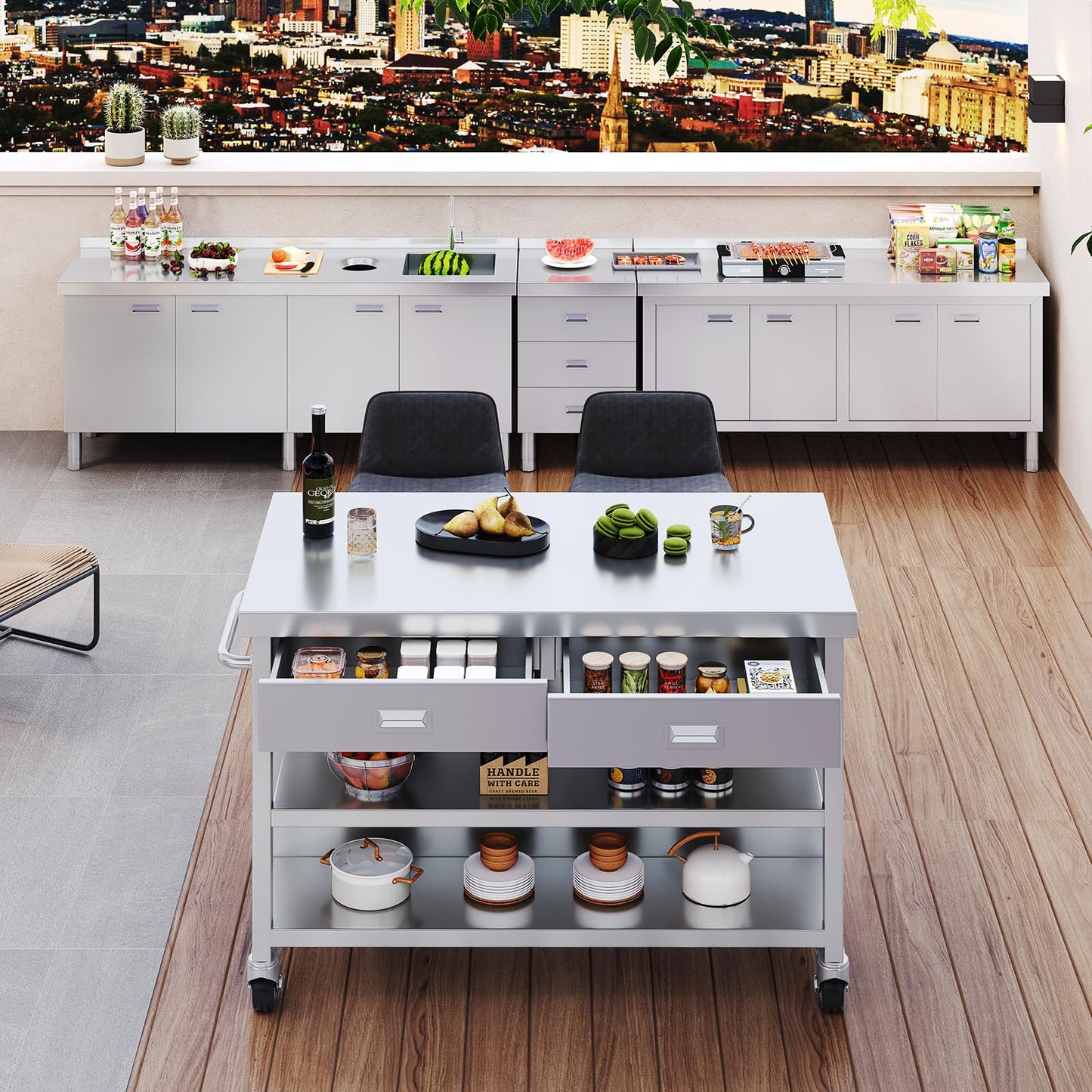 Stainless Steel Kitchen Island with Storage, Rolling Kitchen Island Cart on Wheels with 2 Drawers, Industrial Kitchen Cart, Commercial Portable Island for Kitchen, Bar, Outdoor Patio, 25 x 50 x 37 in