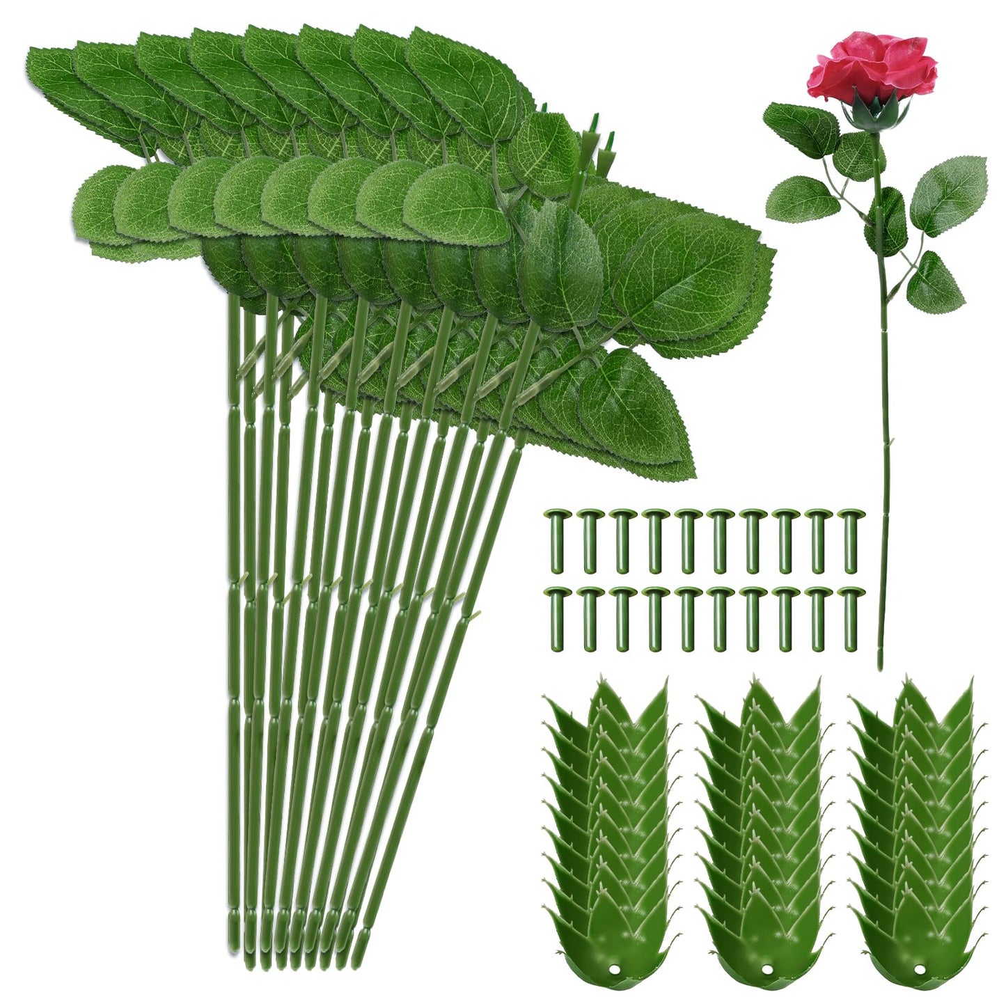 Bruislard 60Pcs Floral Wire Stem with Leaves and 60PCS Artificial Flower Calyxes Set, Floral Rose Arrangement Supplies for Wedding Party, DIY Craft