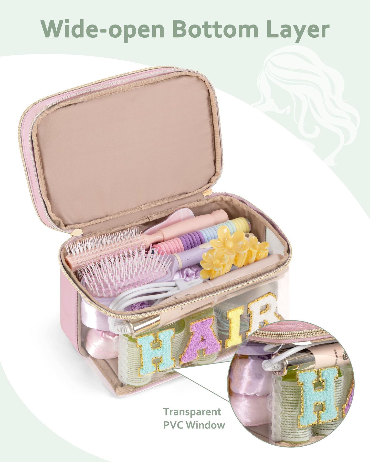 Fasrom Double Layer Hair Accessories Organizer, Preppy Patch Makeup Bag with HAIR Chenille Letter, Portable Travel Cosmetic Pouch Clear Toiletry Case for Women Girl, Pink(Bag Only, Patent Design)
