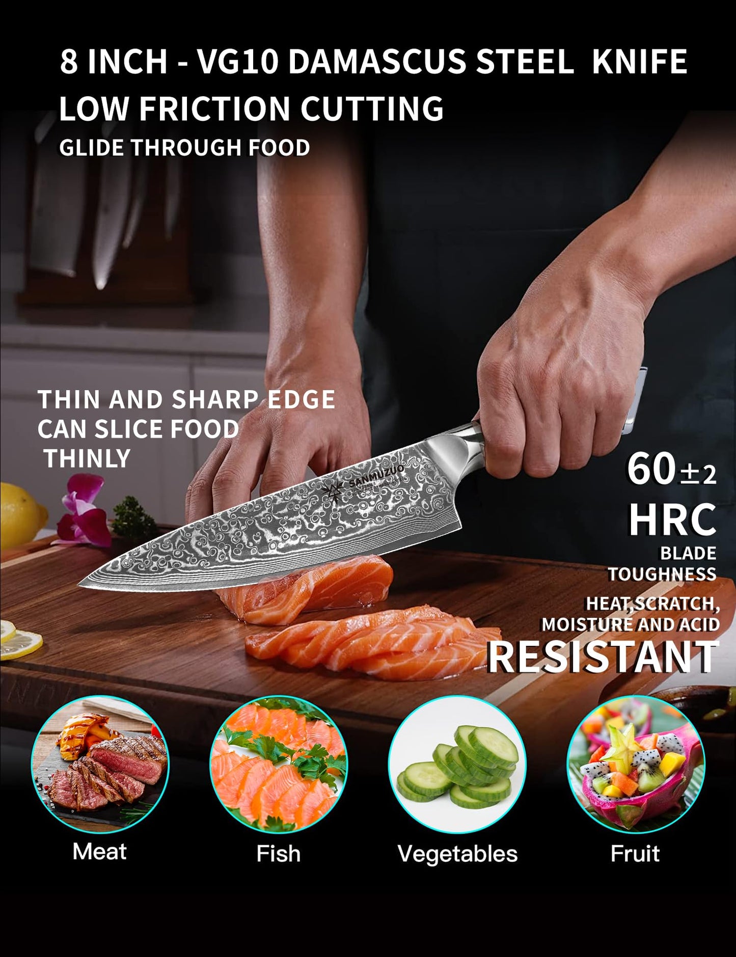 SANMUZUO Chef Knife - 8 inch - Xuan Series - VG10 Damascus Steel Kitchen Knife - Resin Handle (Jade Green)