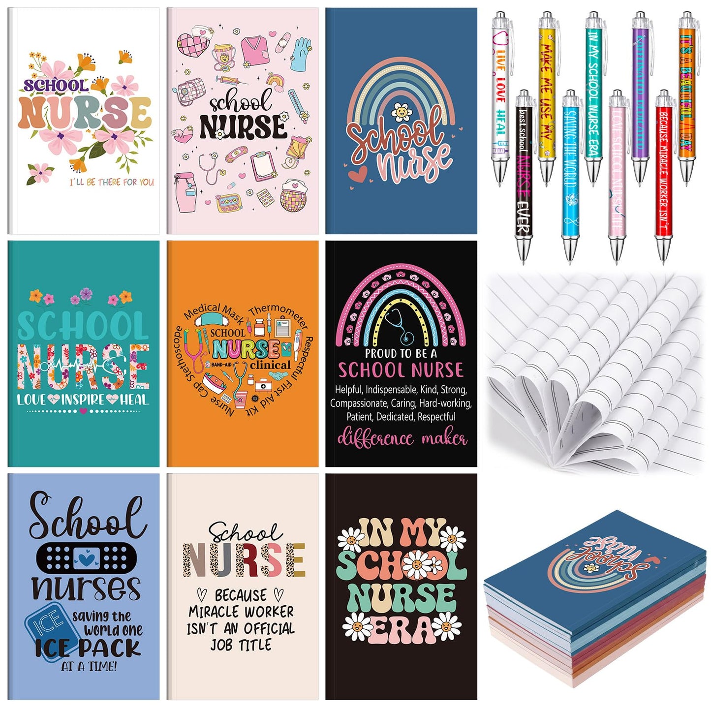 Resurhang 18 Pcs School Nurse Appreciation Gifts Set, 9 School Nurse Notebook Journal & 9 Inspirational Ballpoint Pen for Nursing Staff Students Graduation Retirement Gifts, National Nurses Week