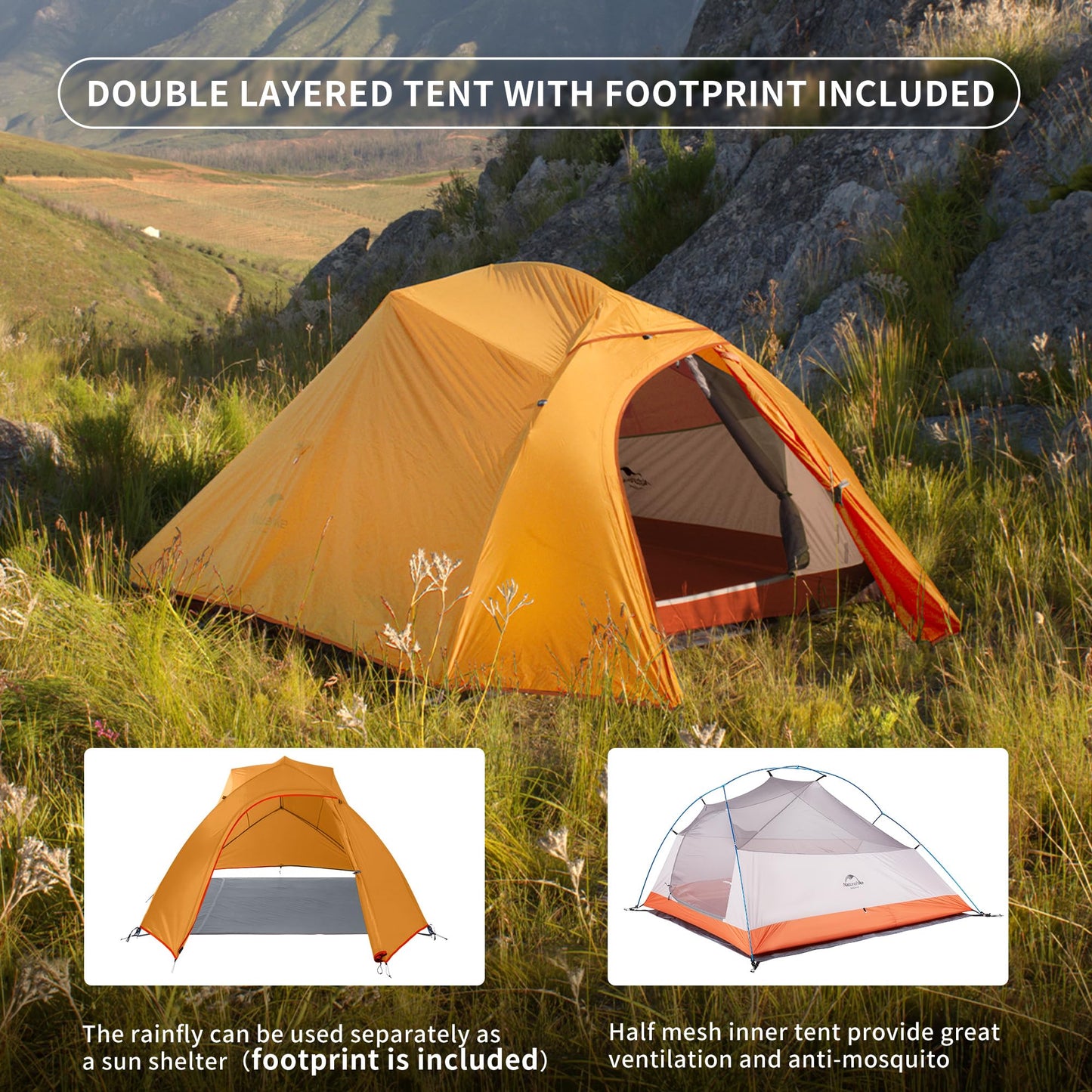 Naturehike Cloud-Up 3 Person Lightweight Backpacking Tent with Footprint - 3 Season Free Standing Dome Camping Hiking Waterproof Backpack Tents