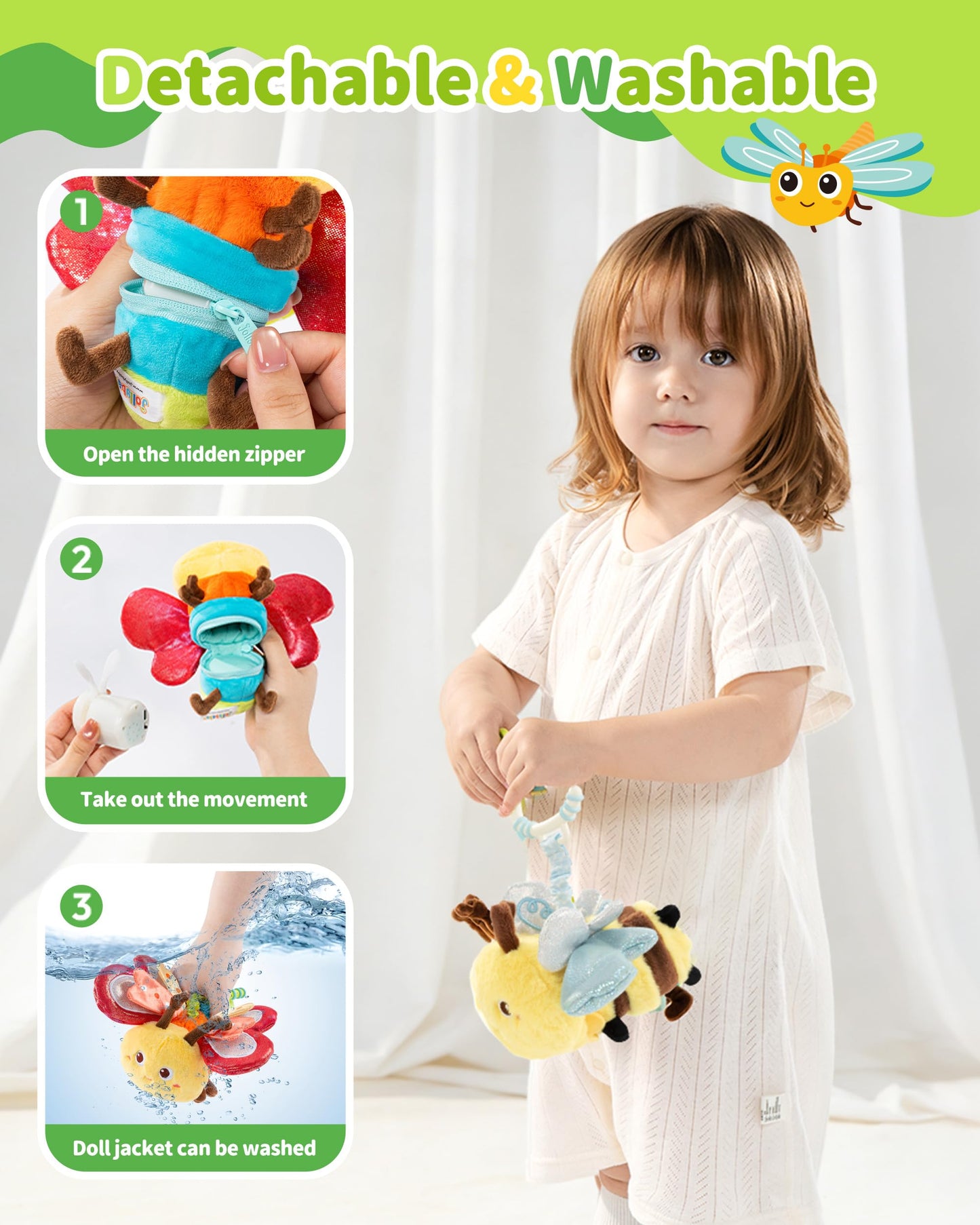 Jollybaby Musical Flying Bee Toy - Car Seat, Stroller, Crib & Play Gym Hanging Toys for Baby 0-6-12-24 Months, Tummy Time Sensory Music Toy for Infant Boys and Girls Gifts