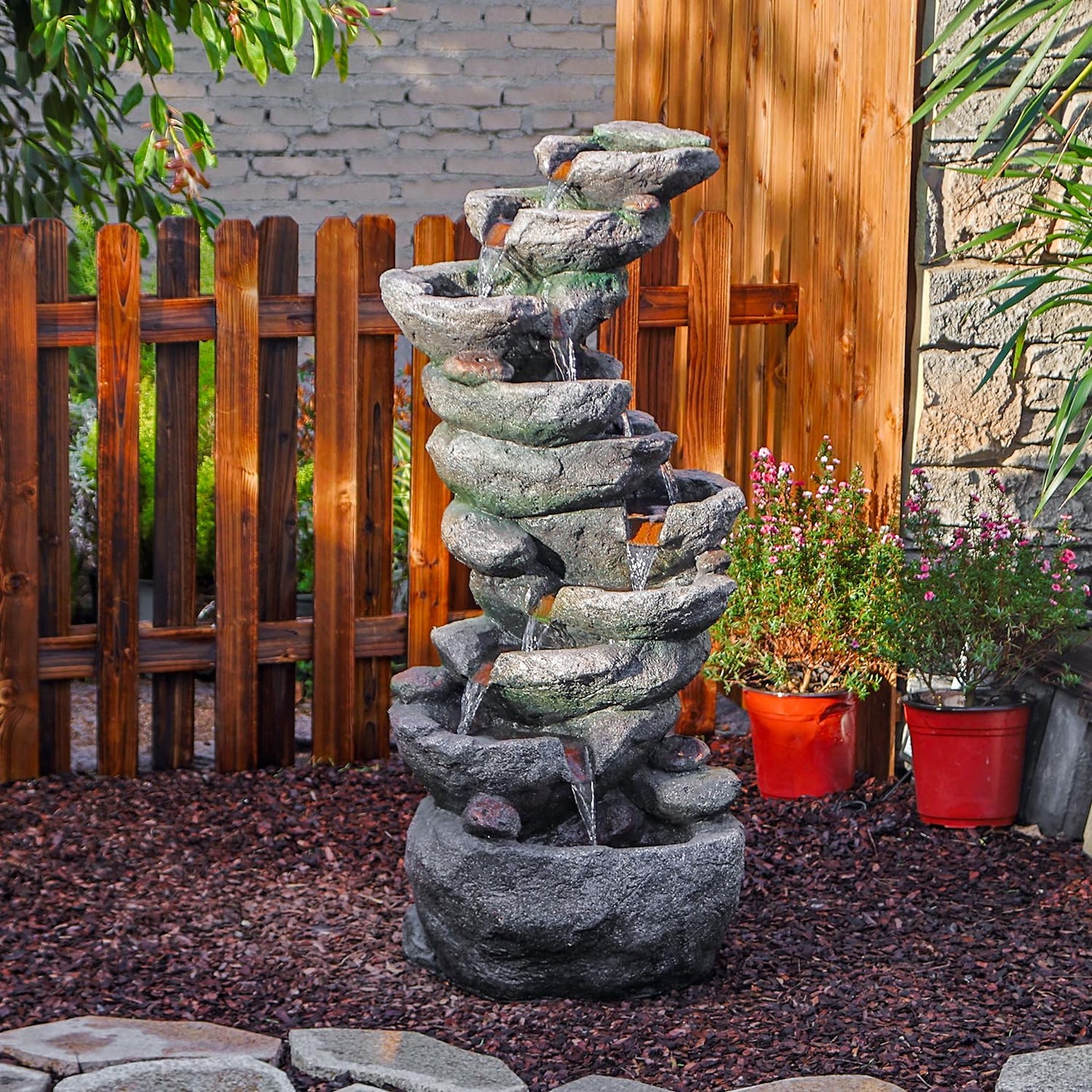 YZM 10-Tier Cascading Rock Water Fountain Outdoor Garden Waterfall Fountains Patio Backyard Deck Porch Pond Art Decor for Outside 39.76" H Outdoor Feature with LED Lights