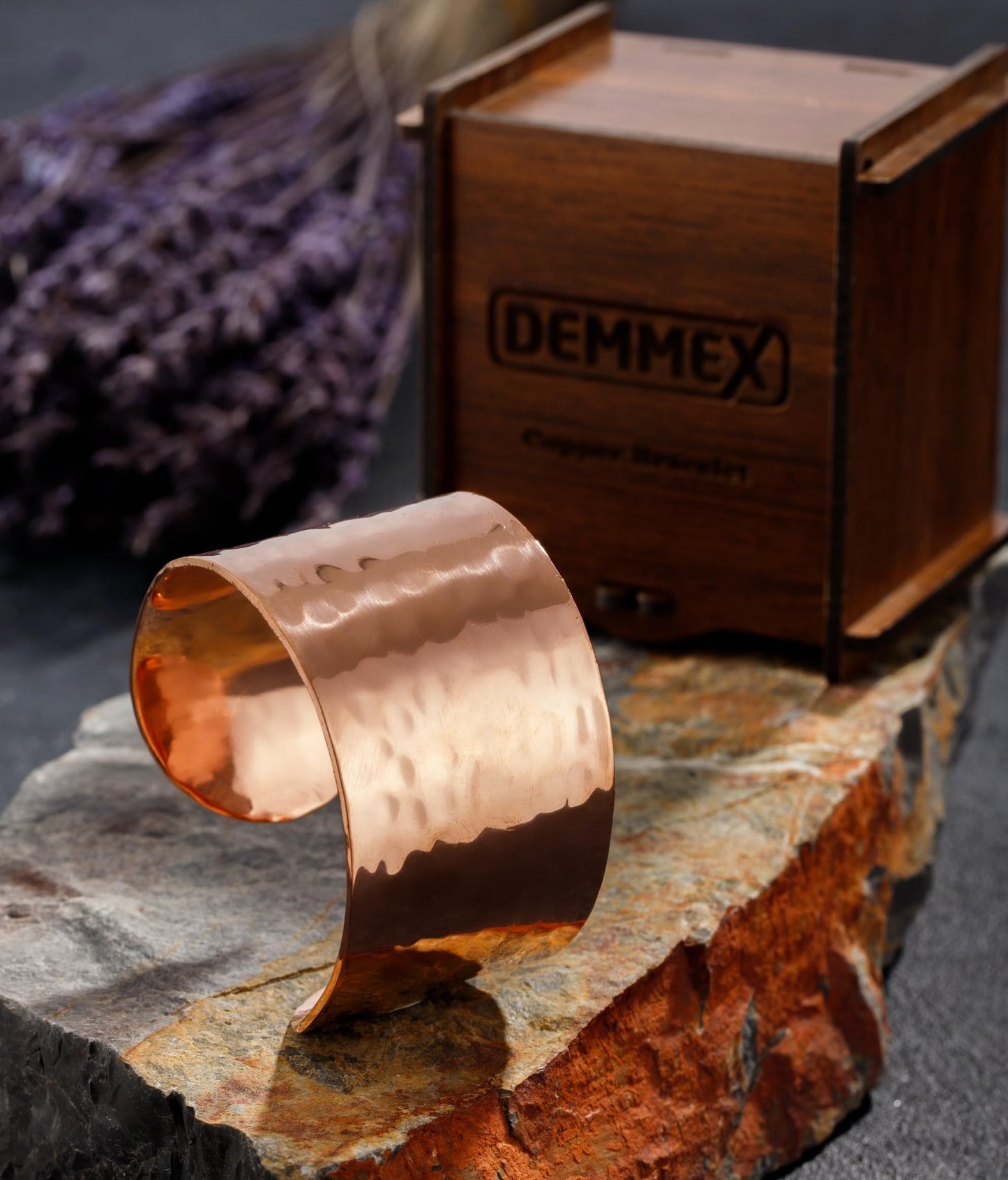 DEMMEX Copper Bracelet for Women – 100% Pure Hammered Turkish Copper Cuff, 1.5mm Thick High-Gauge, Handmade, Uncoated & Non-Magnetic, 1.6" Wide, Adjustable, in Wooden Gift Box
