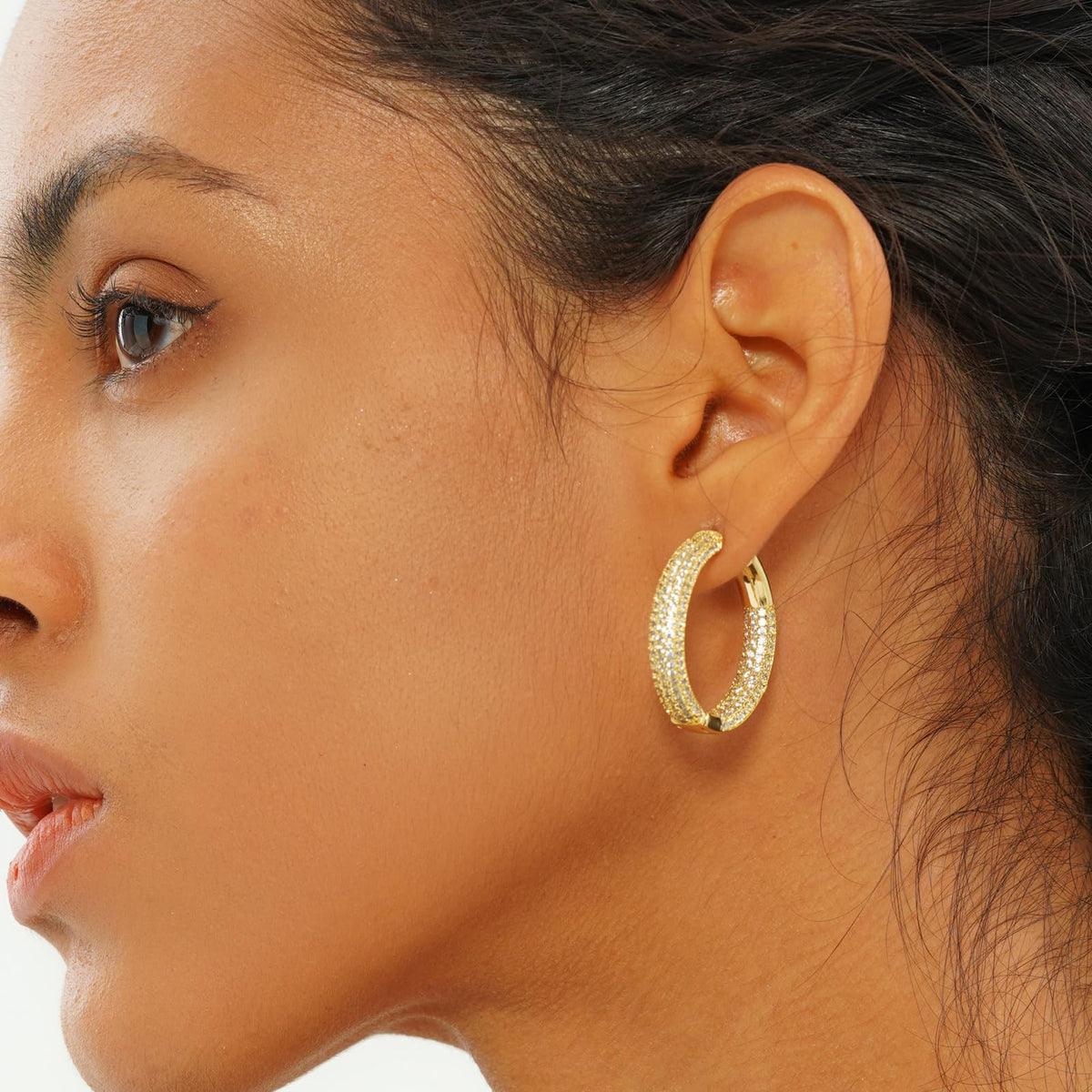 TOPGRILLZ Iced Out Hoop Earrings Cubic Zirconia Huggie Cartilage Cuff Hypoallergenic 14K Gold Plated Luxury Fashion Round Circle Earrings For Women-29mmGold