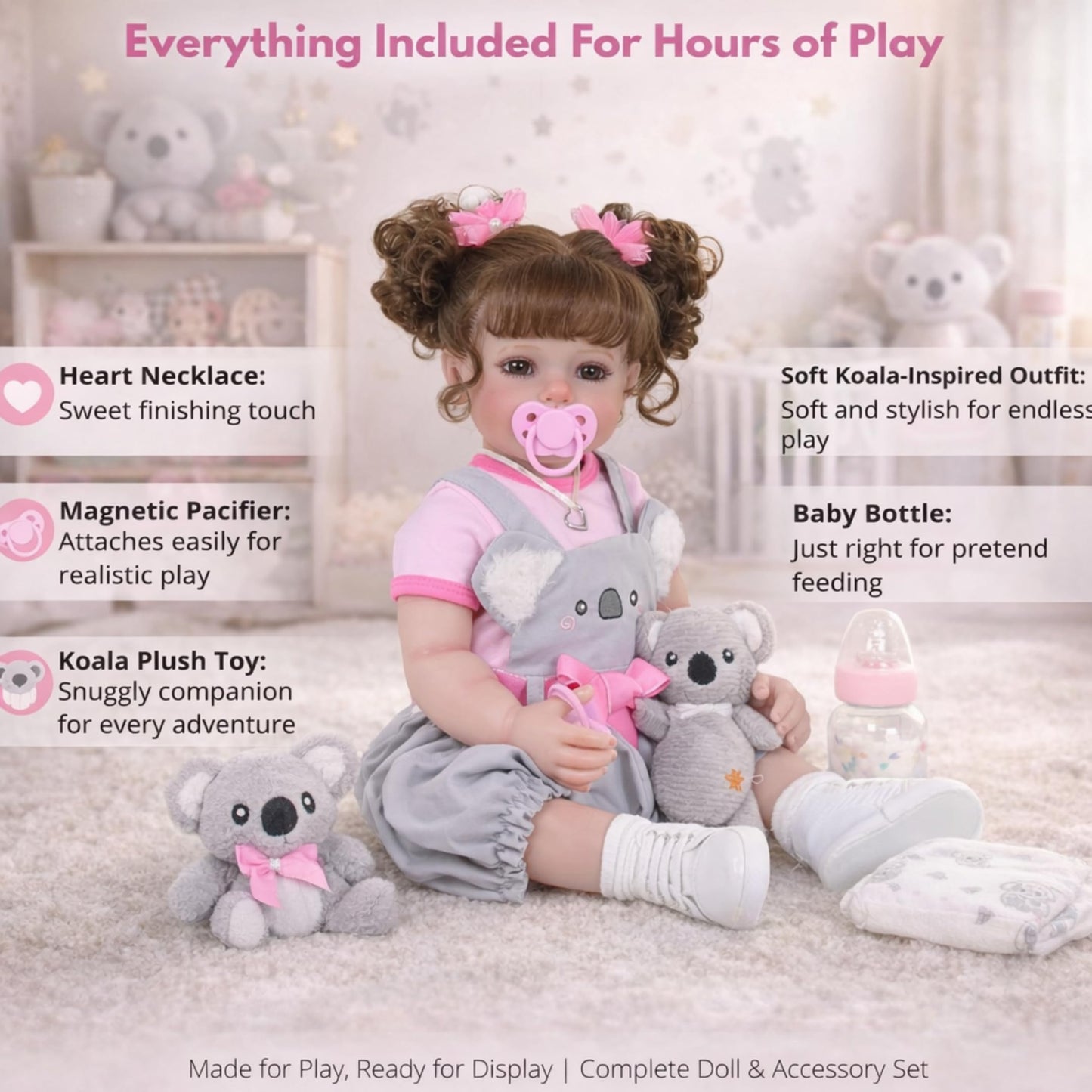Koala Cuddles – 22” Realistic Reborn Toddler Girl Doll with Rooted Hair, 3D Hand-Painted Face & Full Soft Vinyl Body – Pink & Gray Outfit, Plush Animal, Pacifier, Bottle & Accessories – Ages 3+