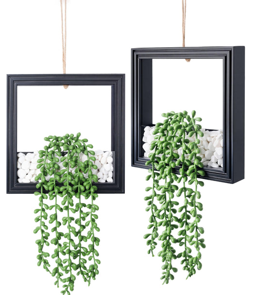 FancyPlus 2 Pack Fake Plants Hanging, Artificial Succulents Plants in Square Wooden Frame with LED Lights, Boho Wall Decor for Office Living Room Bathroom Bedroom Kitchen Indoor Outdoor, Black
