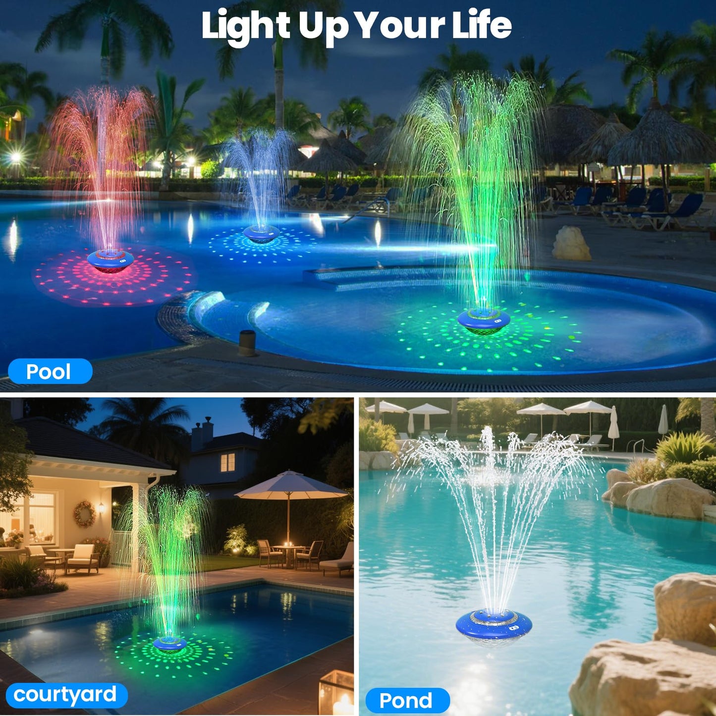Floating Pool Fountain with Lights Show, 9 Pool Light Modes and 3 Fountain Modes with Remote for Inground Above Ground Pool, Upgraded Rechargeable Pool Fountains with Anchor-1 PC