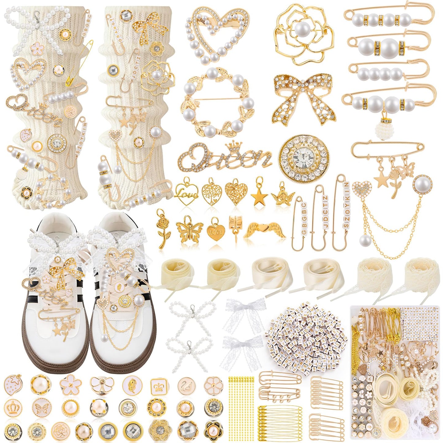 Tetutor 389 pcs Shoe Charms for Sneakers, Junk Socks Charms Kit, Pearl and Rhinestone Shoelace Charm with Brooches and Pins for Women, DIY Accessories for Decorating and Personalizing Socks