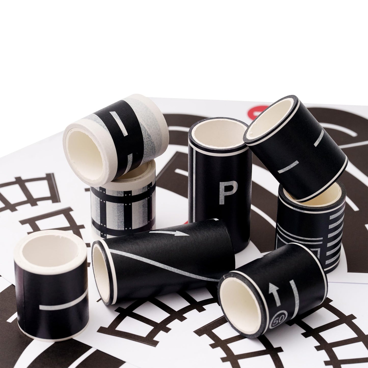 MAGLITT Road Tapes & Curves Stickers Set 8 Rolls Black Highway Tapes Traffic Decorative Masking Tape for Toy Cars, Vehicles Kits, Kids Party Gift