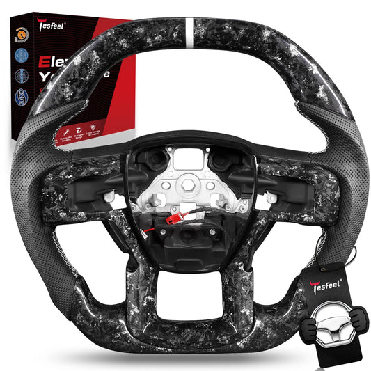 TESFEEL Forged Carbon Fiber Steering Wheel Heated for F150 Raptor 2017-2020 (Gen 2), Silver Foil Accents with Matching Trim, Double-D Design, White Stripe & Stitching, Fits Paddle Shifter Models