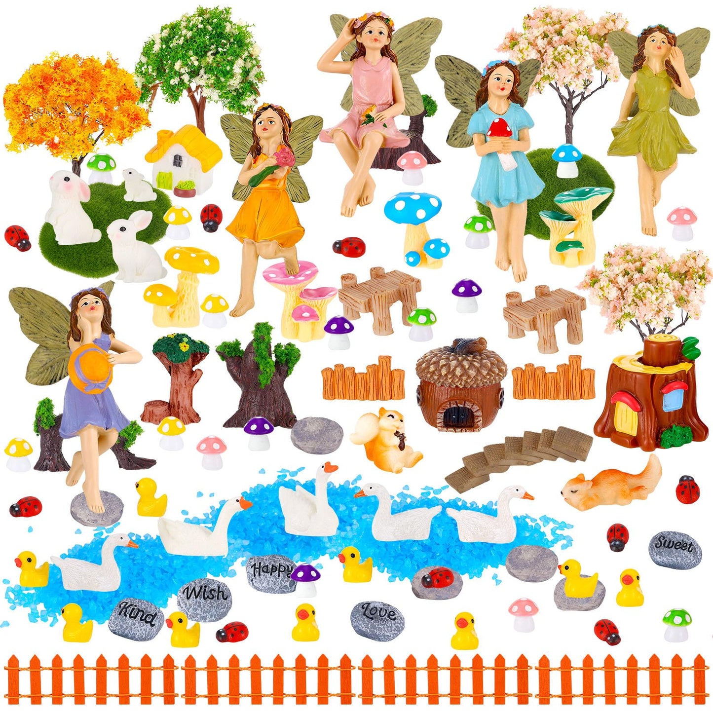 HIYZI 92 PCS Mini Fairy Garden Accessories Kit Cute Tiny Figurines Set DIY Micro Landscape Decor Resin House Bridge Animal Plant Ornament for Terrarium Dollhouse Succulent Craft Potted Horticulture