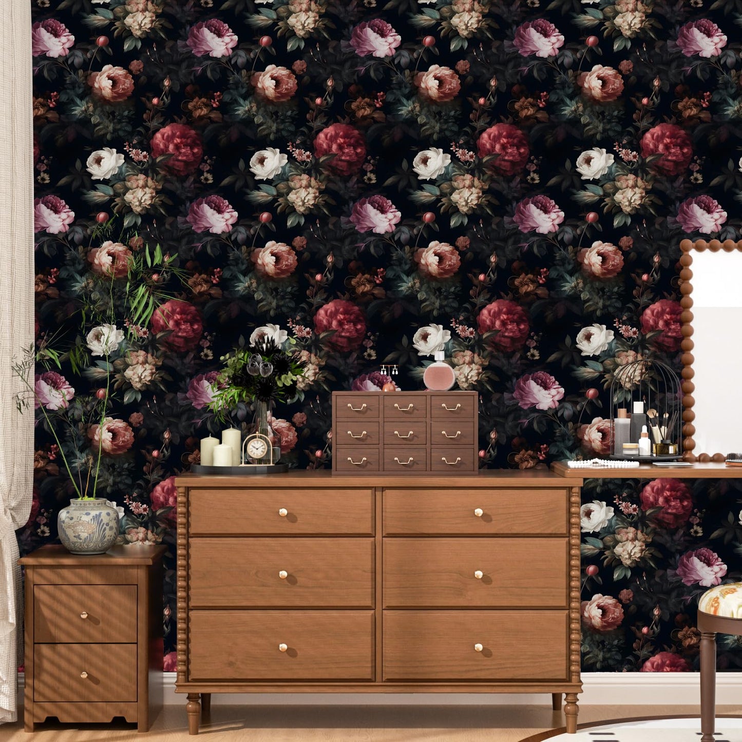 XRUIBZI Dark Floral Peel and Stick Wallpaper Vintage Gothic Contact Paper Pink Goth Flower Wall Mural Home Vinyl Waterproof Self Adhesive Removable Renter Friendly Wall Paper 17.5" x 118"