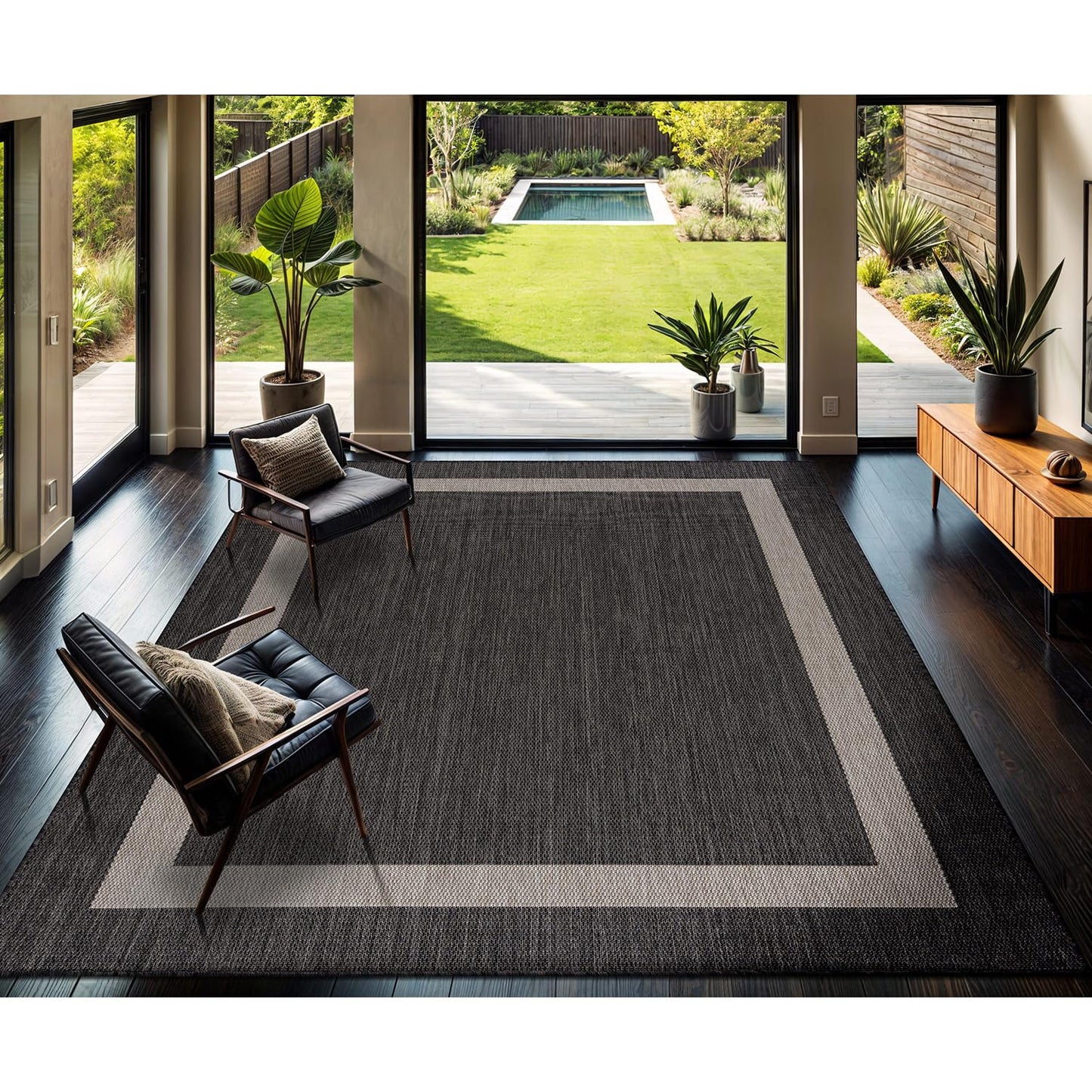 CAMILSON Outdoor Rug 9x12, Large Modern Outside Rugs for Patios Porches Waterproof Durable Washable Non-Shedding, Easy-to-Clean Indoor Outdoor Area Carpet (9 x 12, Bordered - Dark Gray/Light Gray)