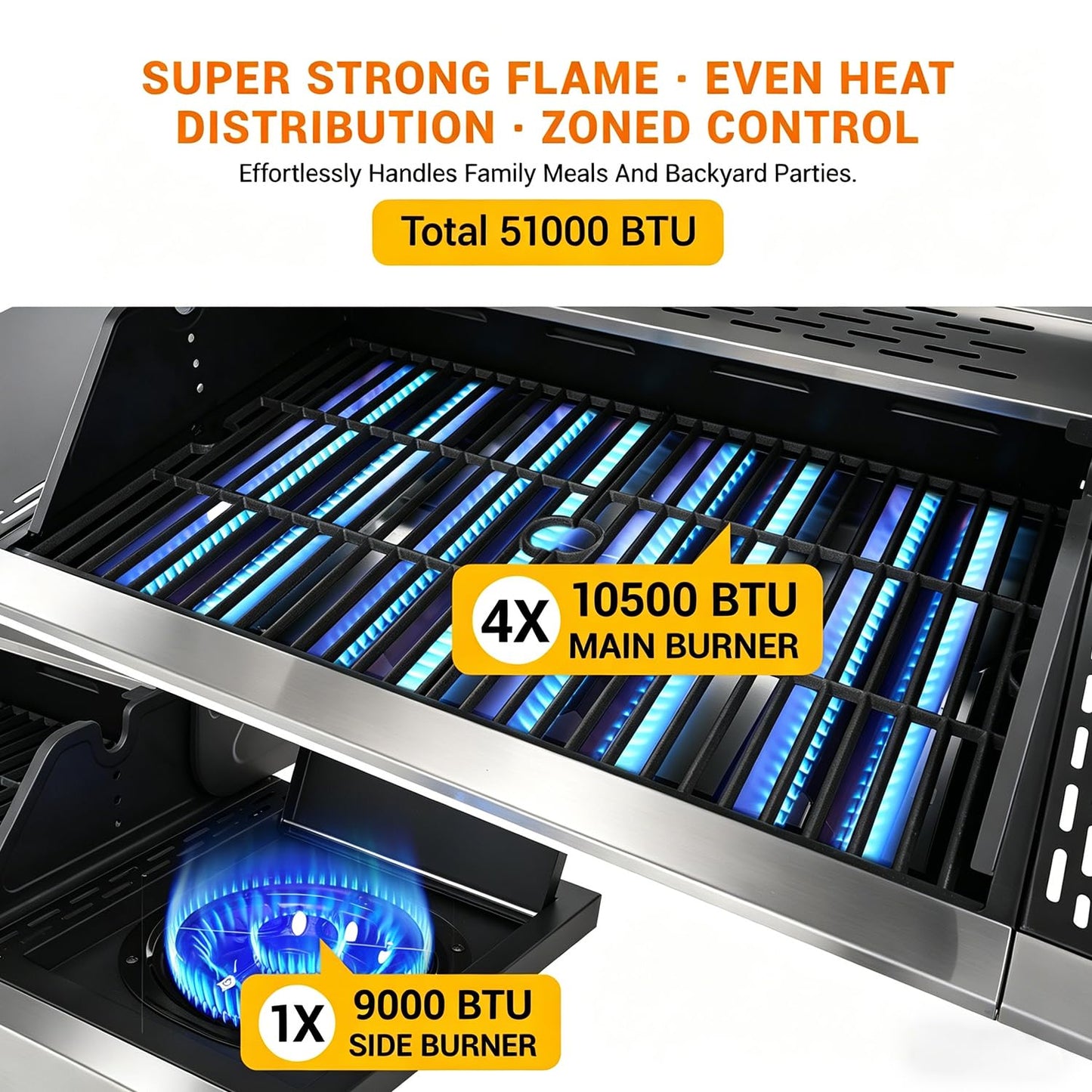 EUHOME 51,000 BTU 4-Burner Propane Gas Grill with Side Burner – Large 452 sq.in Stainless Steel BBQ Grill, Enameled Cast Iron Grates, 4 Swivel Casters & Protective Cover for Backyard Patio Family
