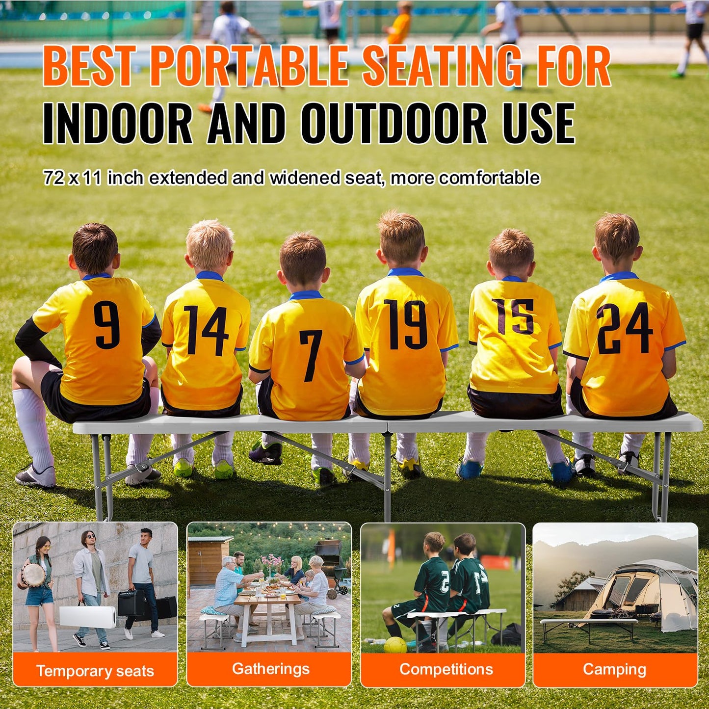 VEVOR Plastic Folding Bench, 6ft Portable Folding Bench, Smooth High Density Polyethylene Waterproof Outdoor Bench, Picnic Camping Table with Handle for Garden Soccer Playtime, White (1 Pack)