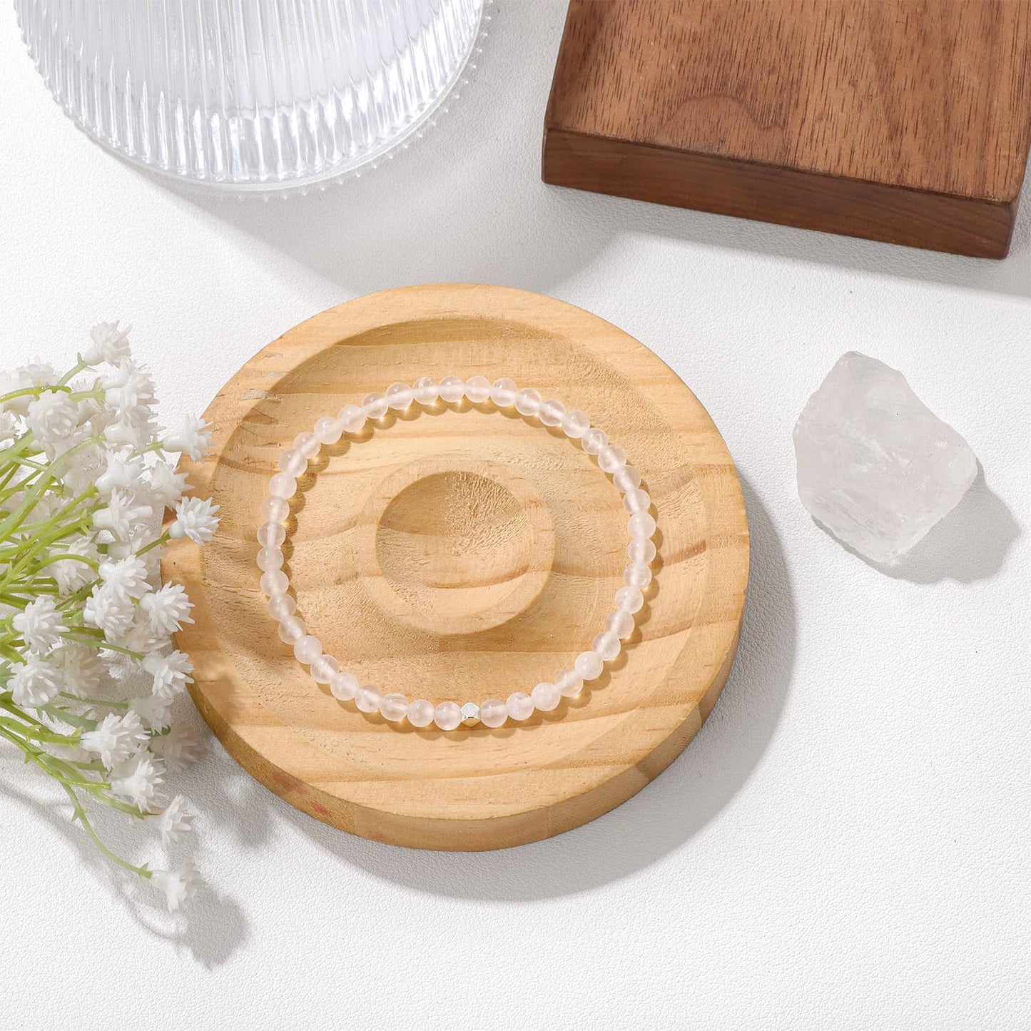 Raicegs 4MM Selenite Beaded Bracelets Healing Crystal Bracelet for Women Men Natural Stone Handmade Stretch Bracelet Reiki Spiritual Jewelry