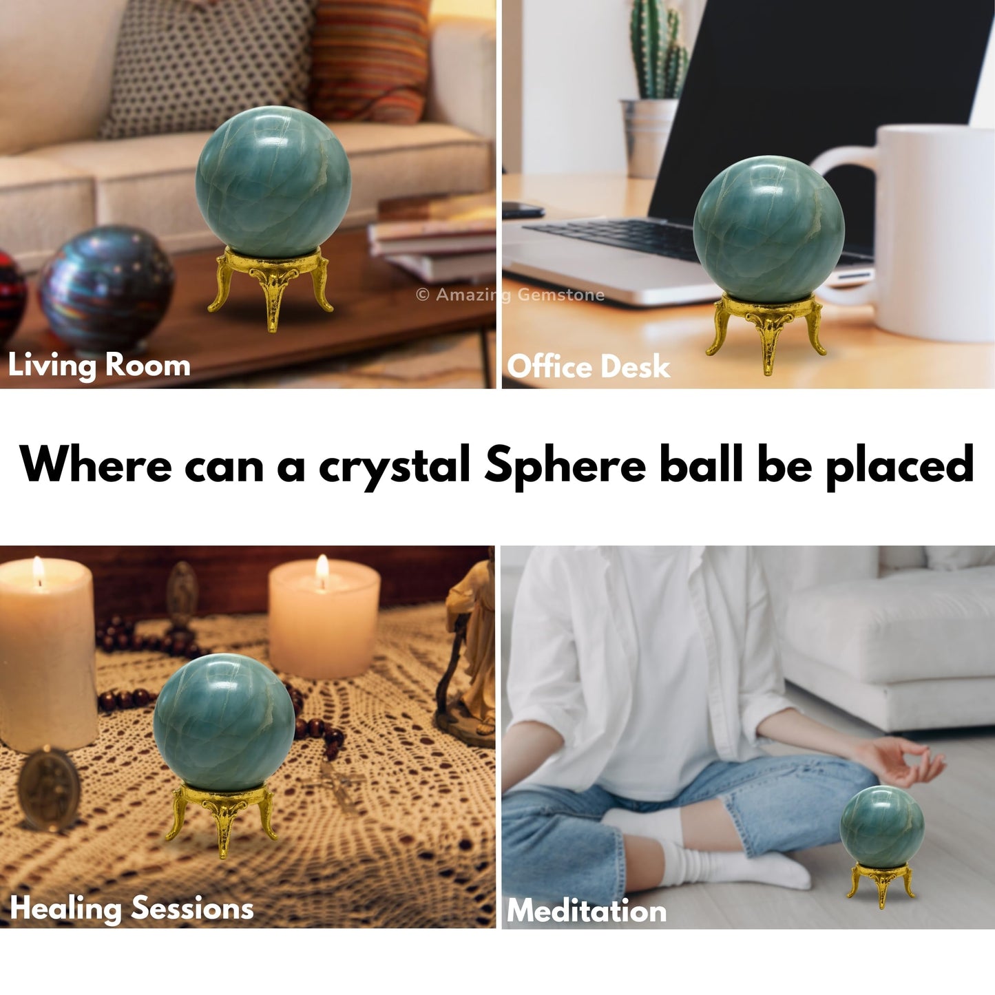 Aquamarine Crystal Ball with Stand - 2" Inches Crystal Sphere Meditation Balls for Witchcraft and Decorative Balls